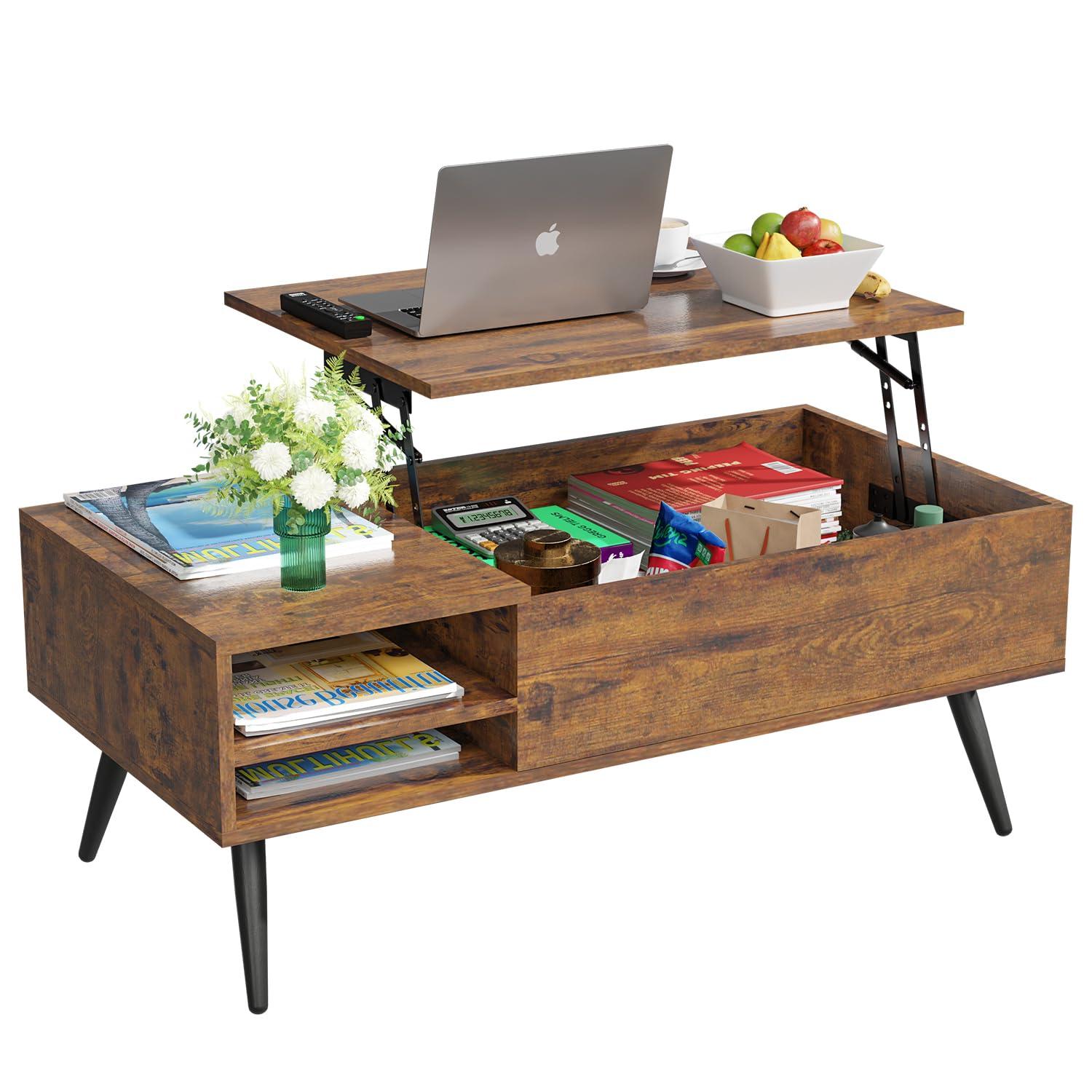PayLessHere 39" Lift Top Coffee Table with Adjustable Storage and Hidden Compartment Small Wood Coffee Table Center Table for Home Living Room Office Apartment Reception Room,Brown
