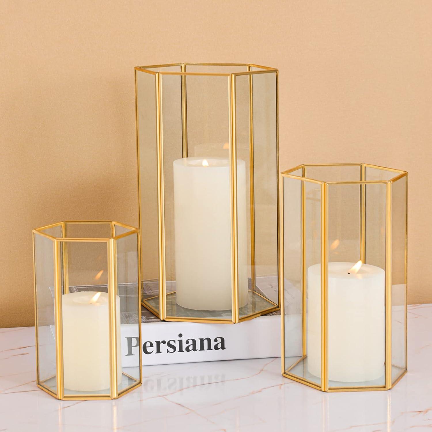 Phosphor Small Hurricane Candle Holder Set of 3 Pieces, Black Glass Candle Holder for Wedding, Party, Holiday.