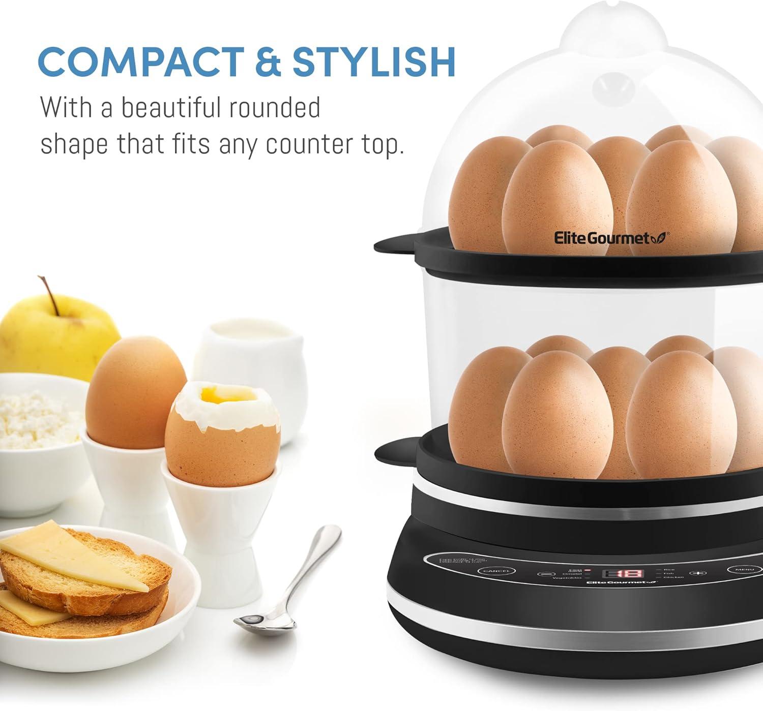 Elite Gourmet Black Digital 2-Tier Egg Cooker and Steamer