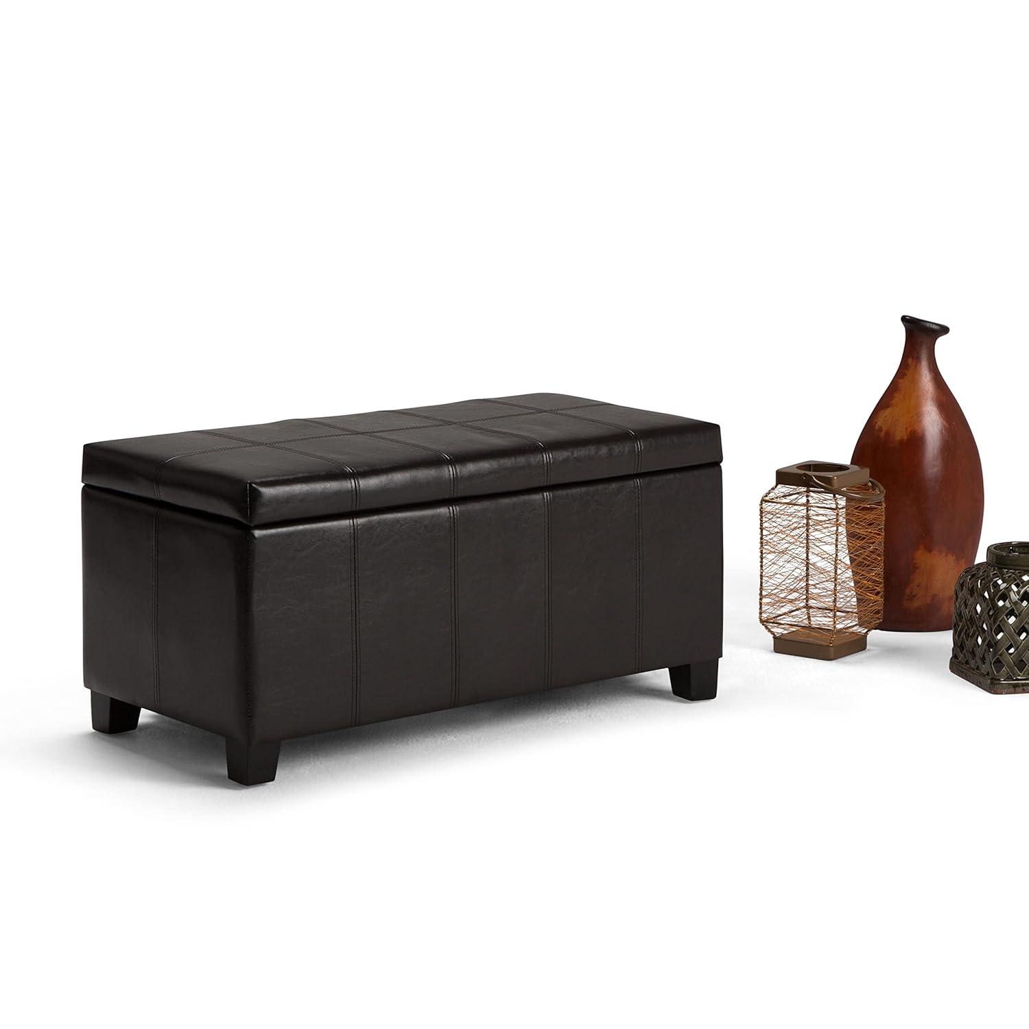 Simpli Home Dover Faux Leather Storage Bench in Tanners Brown