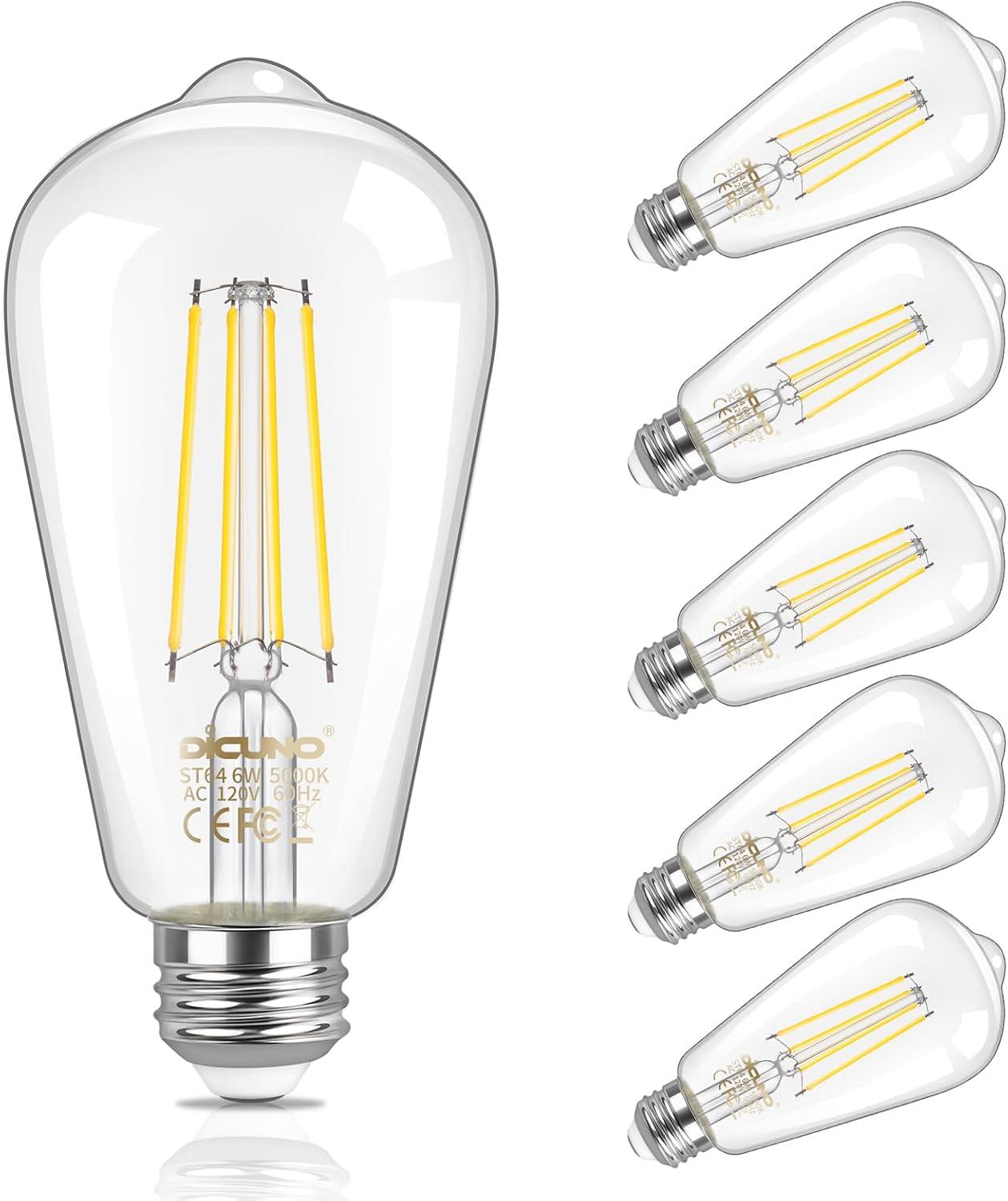 ENERGETIC Vintage LED Edison Light Bulbs, 5000K, 60 Watt Equivalent, ST64 Filament, Tear Drop Antique Decorative Bulbs, E26 Base, UL Listed, 6 Pack