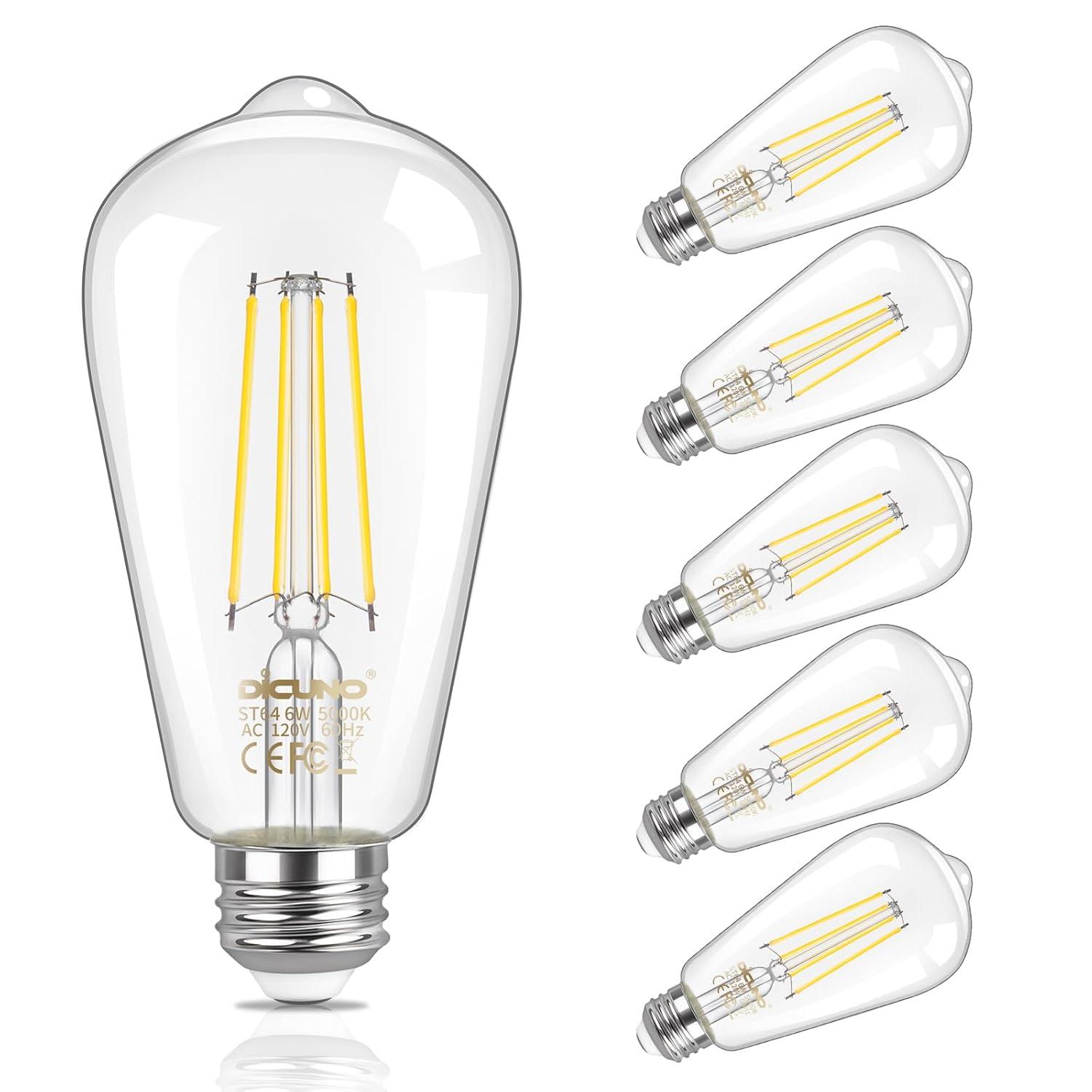 ENERGETIC Vintage LED Edison Light Bulbs, 5000K, 60 Watt Equivalent, ST64 Filament, Tear Drop Antique Decorative Bulbs, E26 Base, UL Listed, 6 Pack