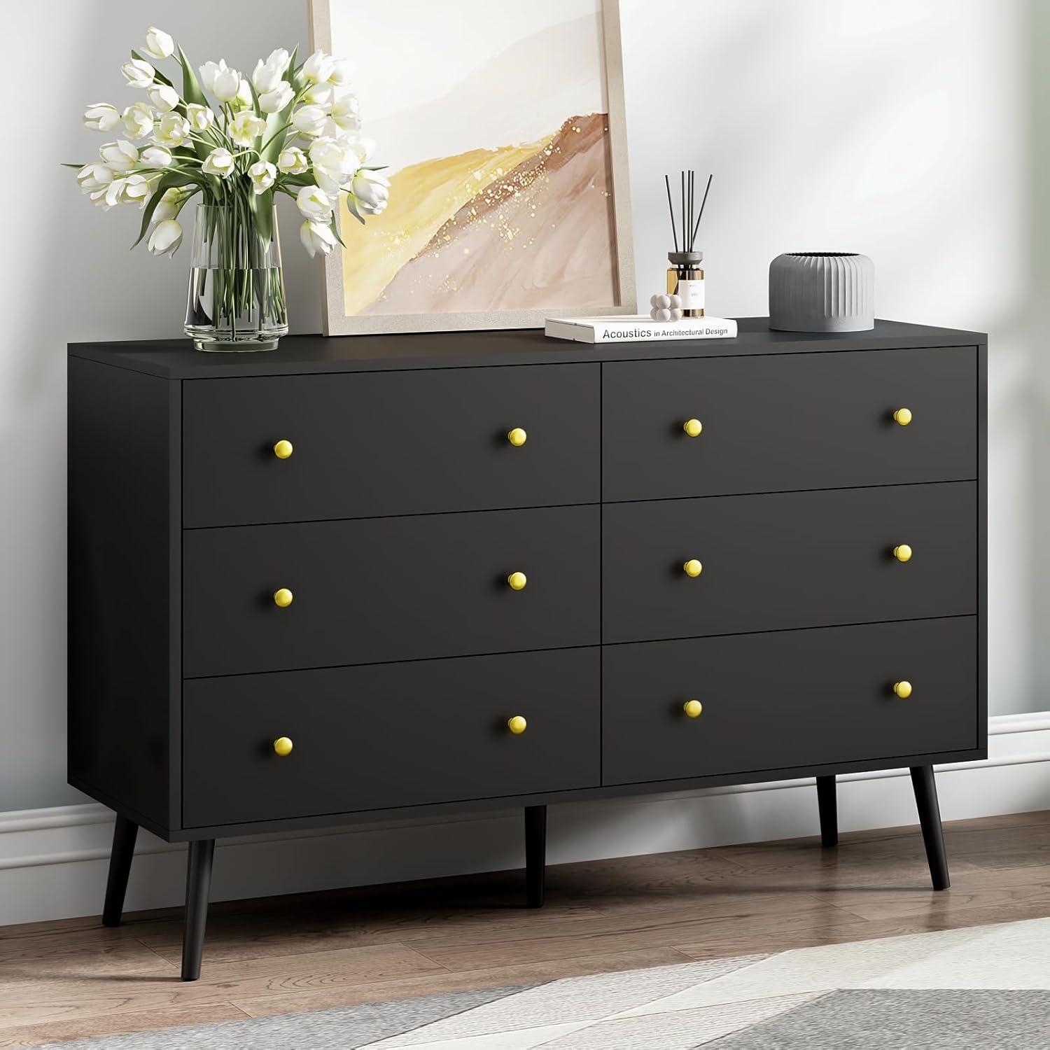 Black Dresser for Bedroom, Modern 6 Drawer Dresser, Wide Chest of Drawers with Gold Handles, Wood Double Dresser Storage Cabinet for Living Room, Bedroom, Hallway