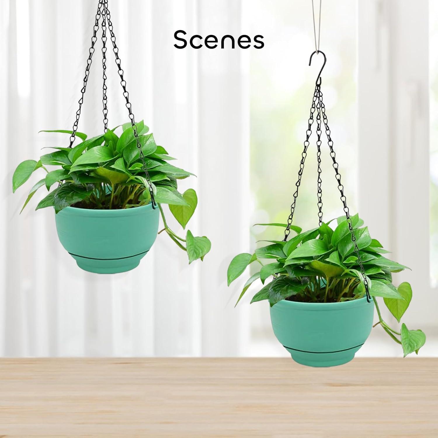 8 Inch Green Plastic Self-Watering Hanging Planter Set