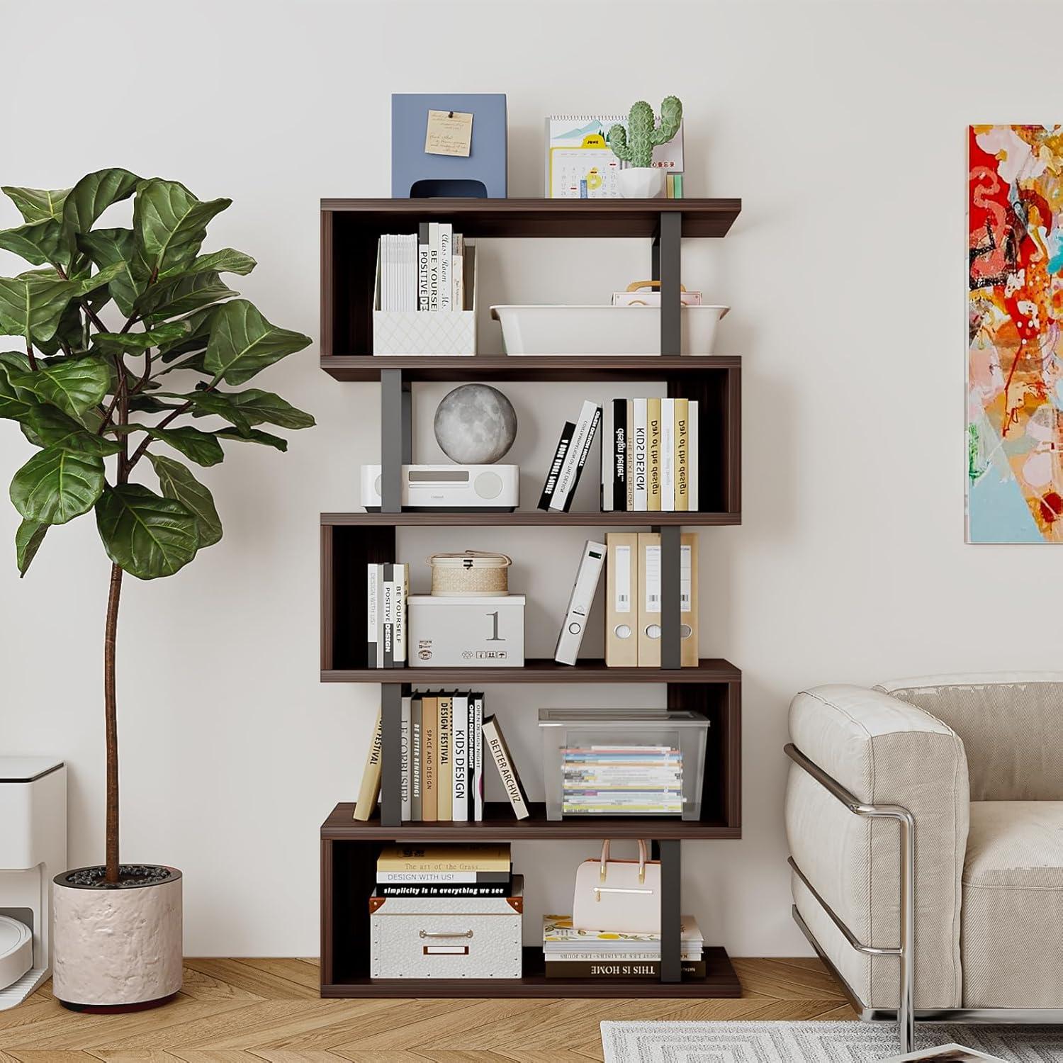 Black Geometric S-Shaped 5-Tier Kids' Bookshelf with Cubes