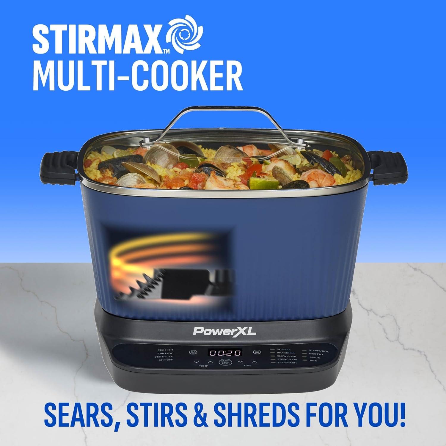 PowerXL PowerXL Stirmax Midnight Blue 7.5 Quart Digital Multi-cooker With Automatic Paddle To Stir And Shred, 9 In 1 Programmable Presets To Sauté, Sear, And Brown Food Before Simmering