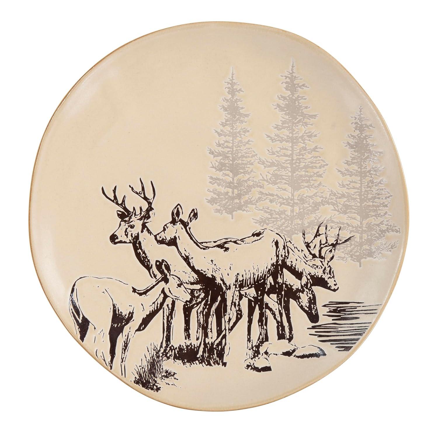 Paseo Road White Pine 16 Piece Ceramic Dinnerware Set, Pine Tree Bear Deer Moose Fox Print, Modern Rustic Cabin Lodge Dish Set with Plates, Bowls, Mugs
