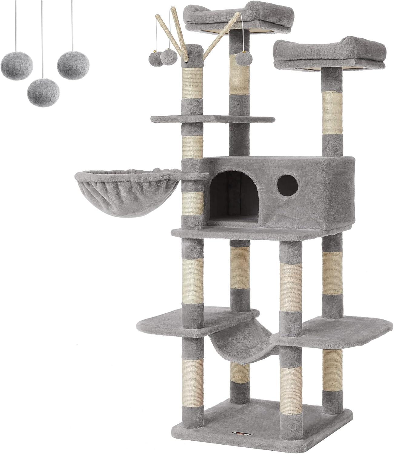 Light Gray 64.6" Cat Tree with Hammock and Sisal Posts