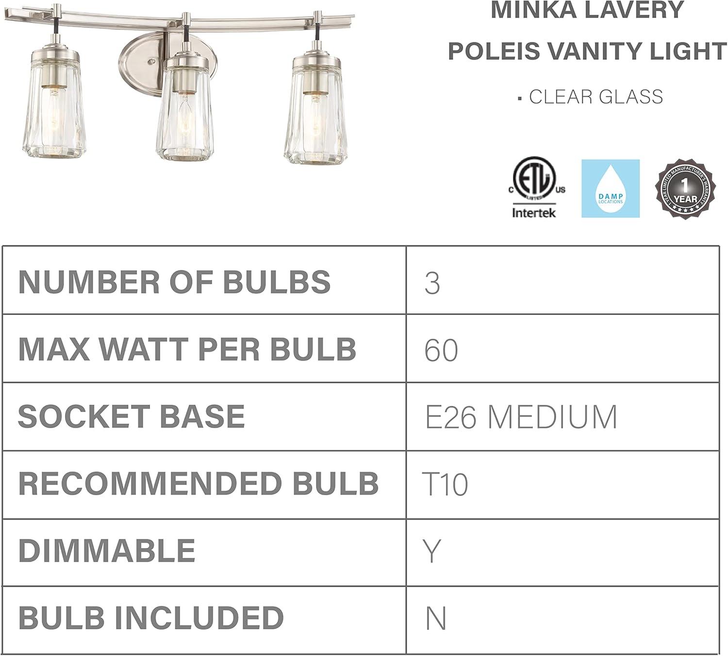 Minka Lavery Industrial Wall Light Brushed Nickel Hardwired 24" 3-Light Fixture Clear Tapered Glass for Bathroom Living Room