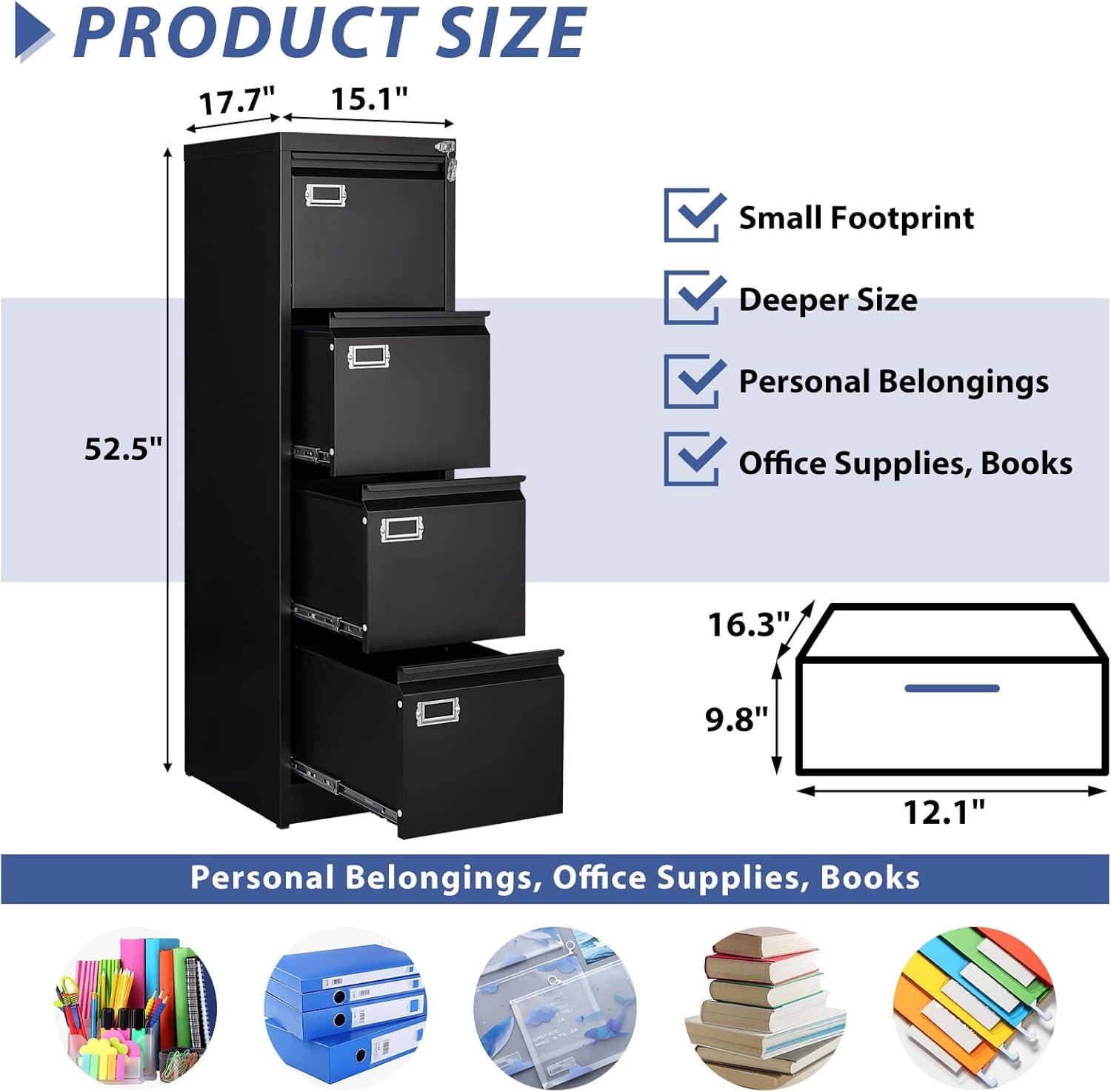 Black Metal Vertical 4-Drawer Lockable File Cabinet