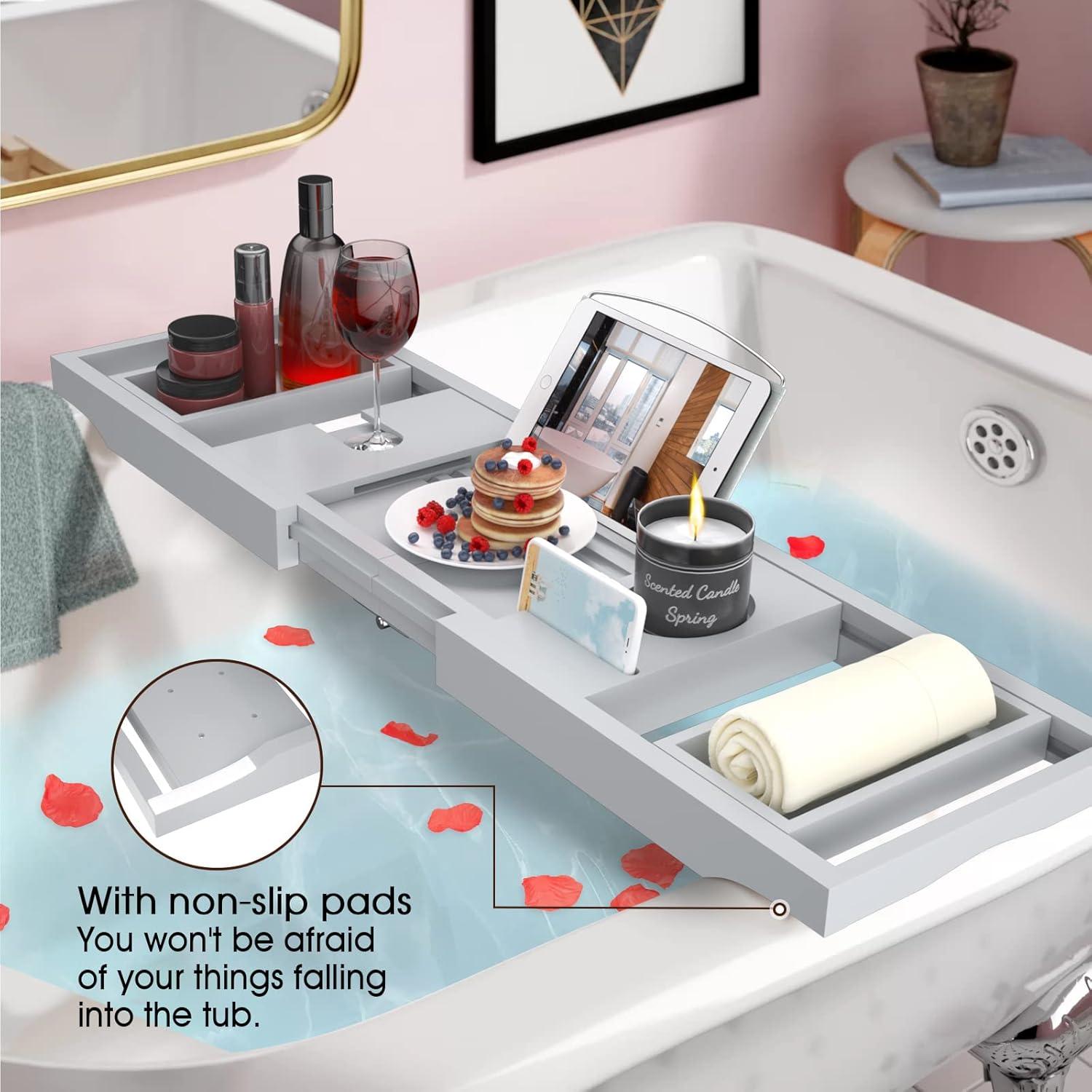 Artmalle Bathtub Tray Bath Caddy for Tub - Bamboo Adjustale Organizer Tray Bath Table for Bathroom, Foldable Luxury Tub Tray with Book Holder for Home Spa and Gift Choice, Gray