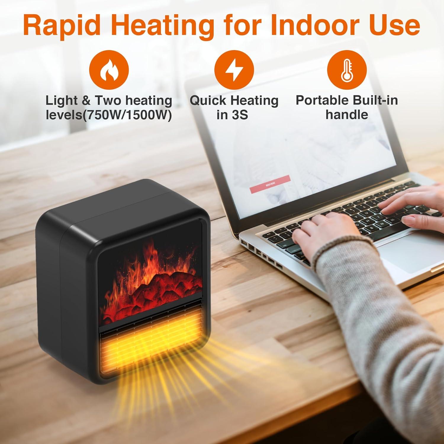 Small Portable Space Heater for Indoor use with Realistic 3D Flame, Mini Electric Fireplace Heater with Thermostat, 1500W/750W PTC Ceramic Heating, Tip-Over Safety Switch, Black