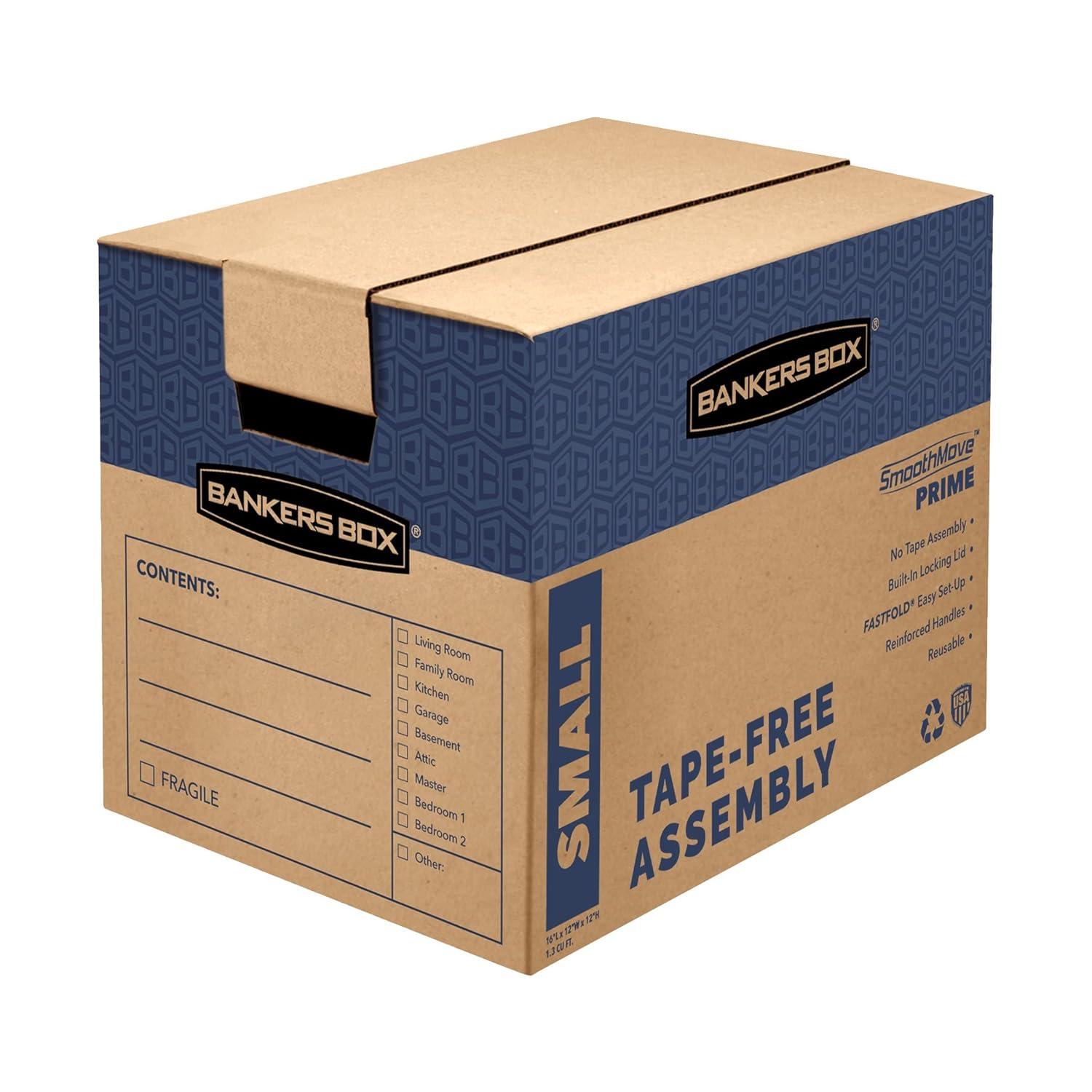 Bankers Box SmoothMove Prime Moving/Storage Boxes, Hinged Lid, Regular Slotted Container, Small, 12" x 16" x 12", Brown/Blue, 10/Carton