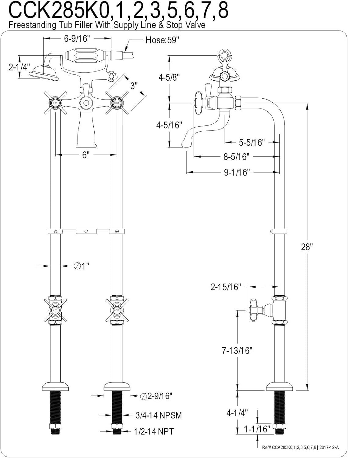 Kingston Brass Kingston Three-Handle 2-Hole Freestanding Tub Faucet with Supply Line and Stop Valve