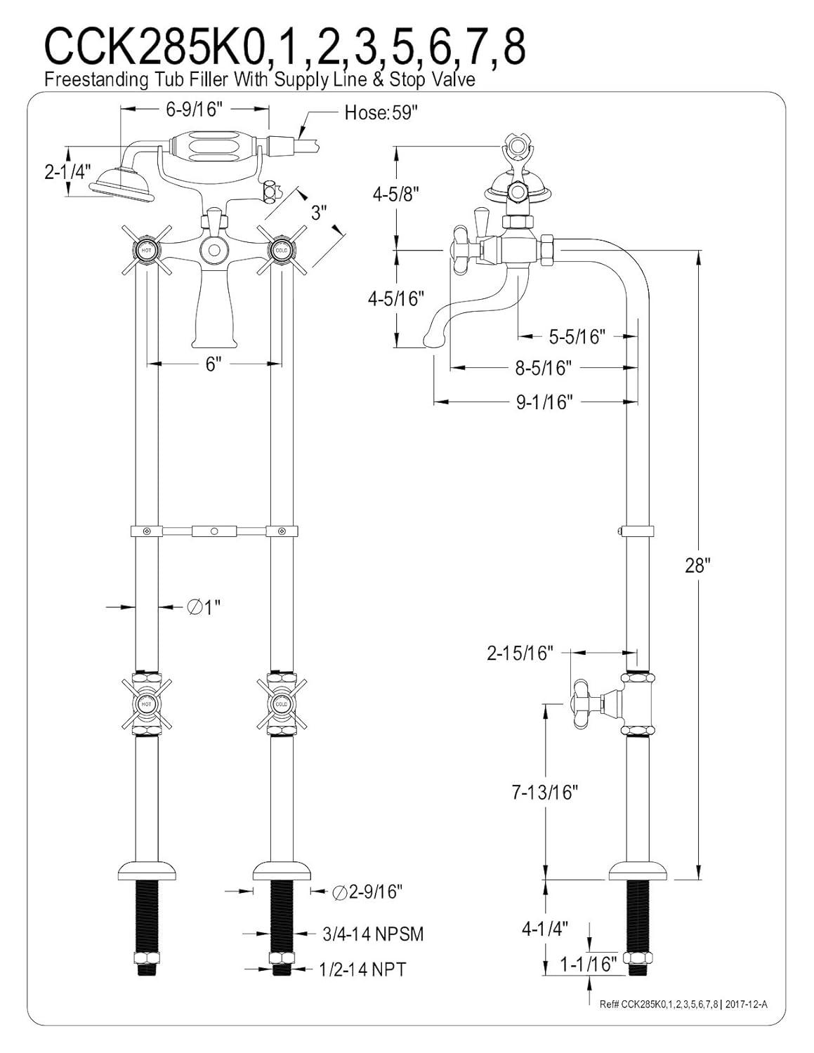Kingston Brass Kingston Three-Handle 2-Hole Freestanding Tub Faucet with Supply Line and Stop Valve