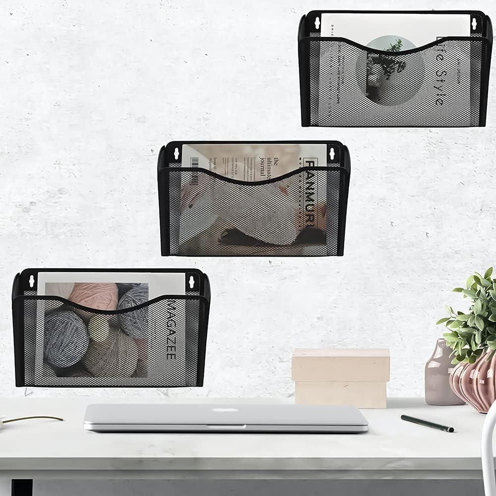 Mesh 3 Pack Wall Mounted File Holder Metal Hanging Vertical Wall File Pocket Organizer for Office and Home, Black