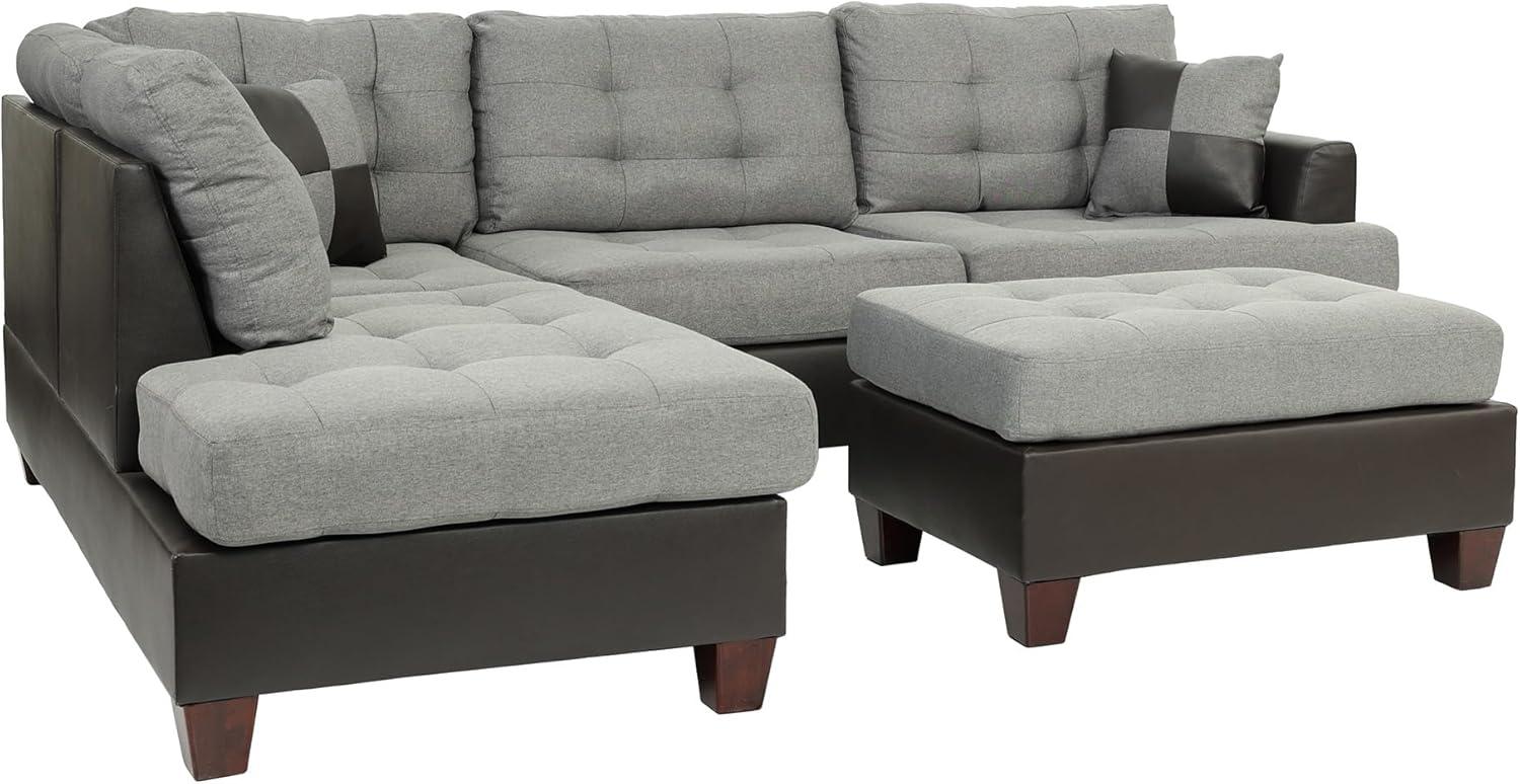 Gray Tufted Faux Leather Three Piece Sectional Sofa with Ottoman