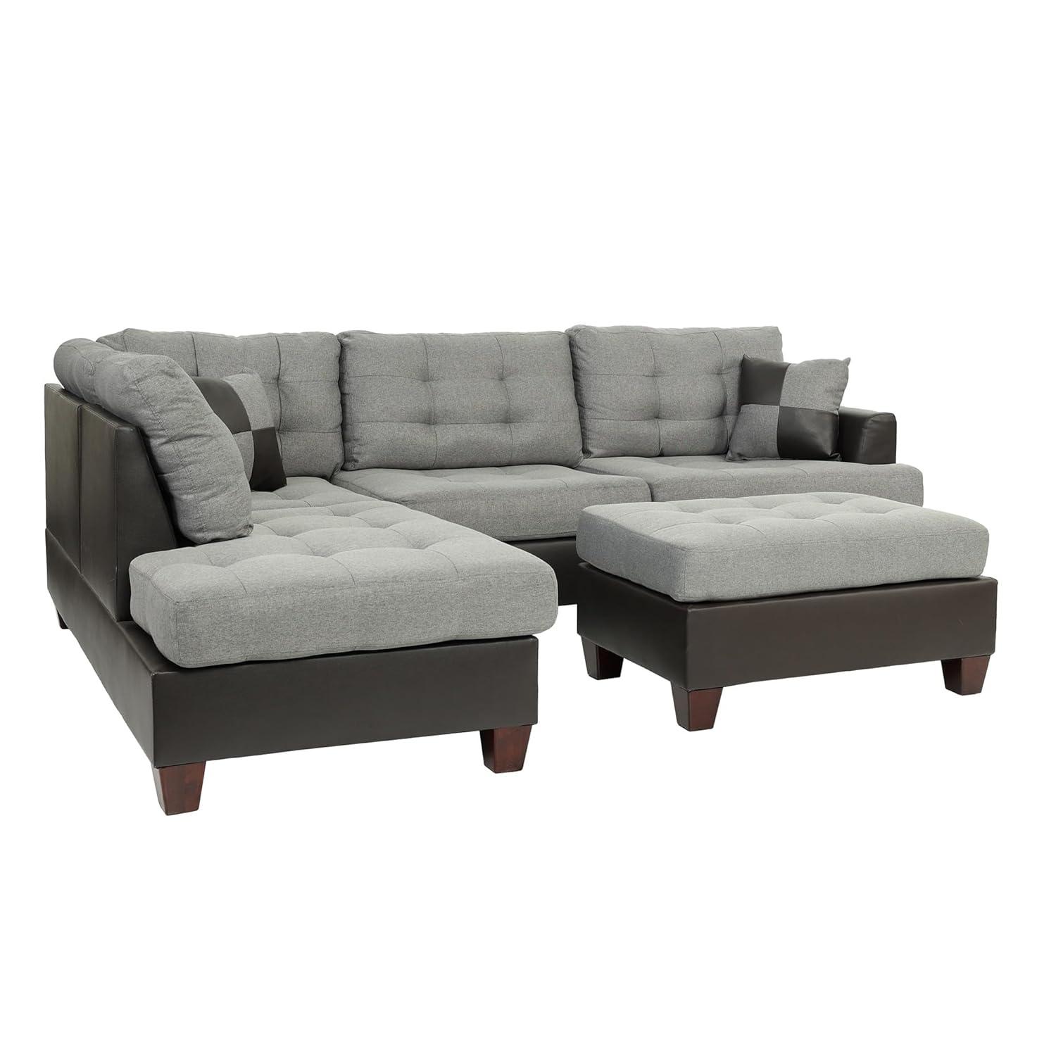 Gray Tufted Faux Leather Three Piece Sectional Sofa with Ottoman