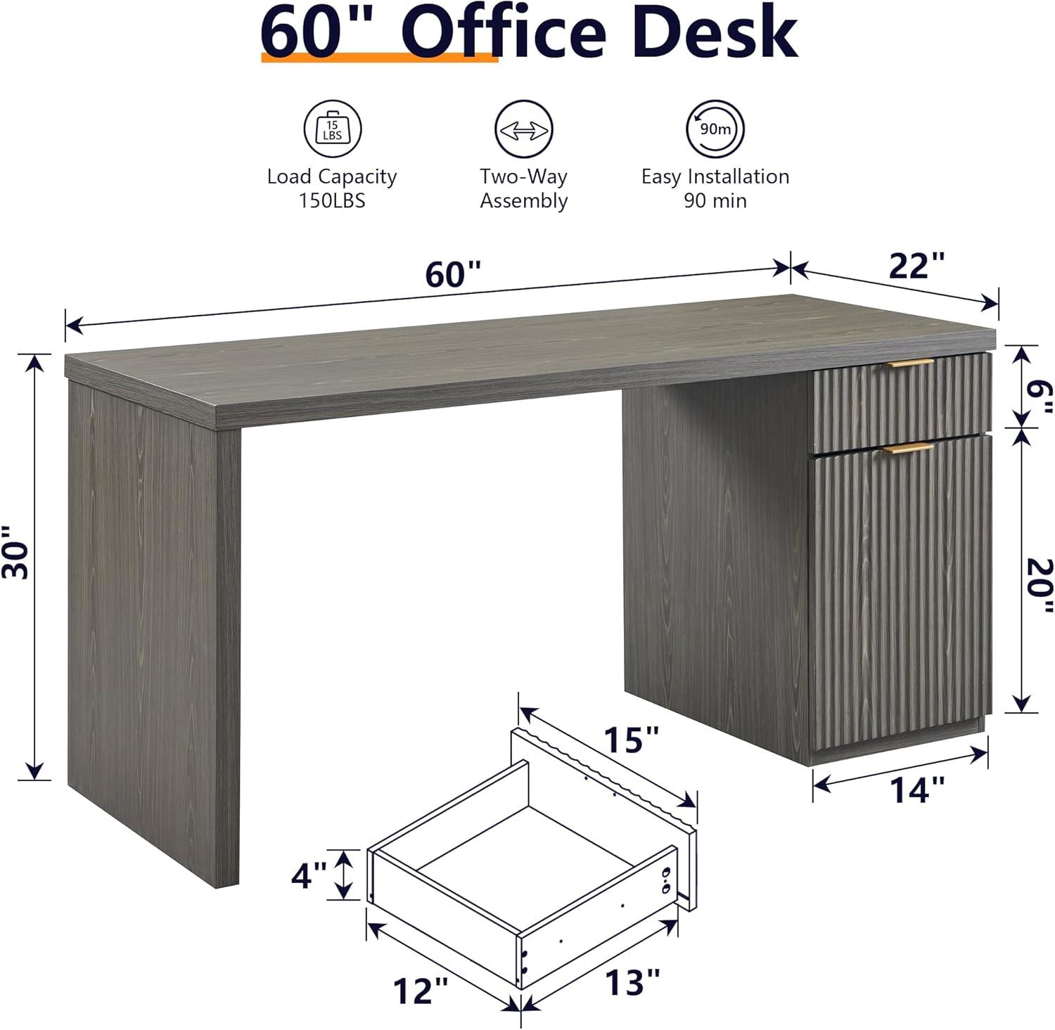 60" Modern Desk with Drawer & Cabinet, Fluted Computer Writing Desk for Living Room, Bedroom, Gray