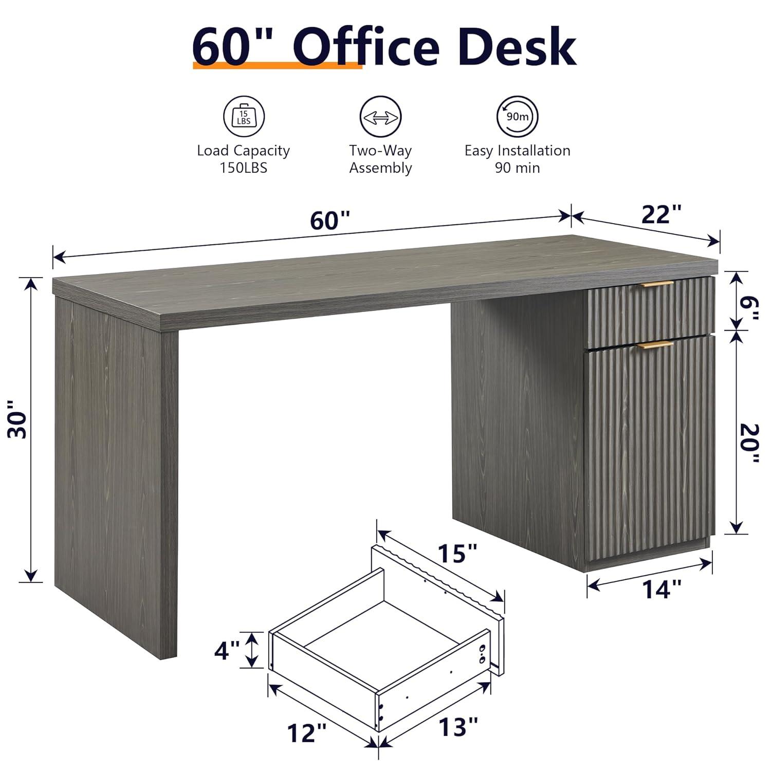 60" Modern Desk with Drawer & Cabinet, Fluted Computer Writing Desk for Living Room, Bedroom, Gray