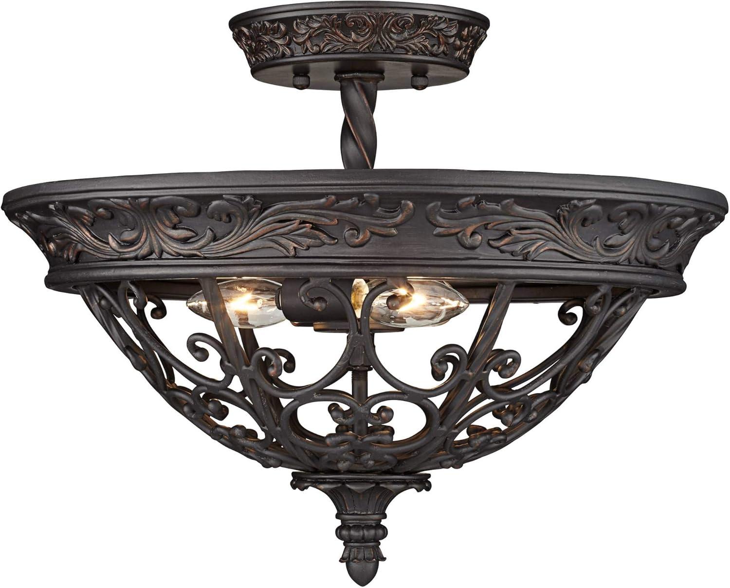 Franklin Iron Works French Scroll Rustic Farmhouse Ceiling Light Semi Flush Mount Fixture 16 1/2" Wide Rubbed Bronze 3-Light for Bedroom Kitchen House