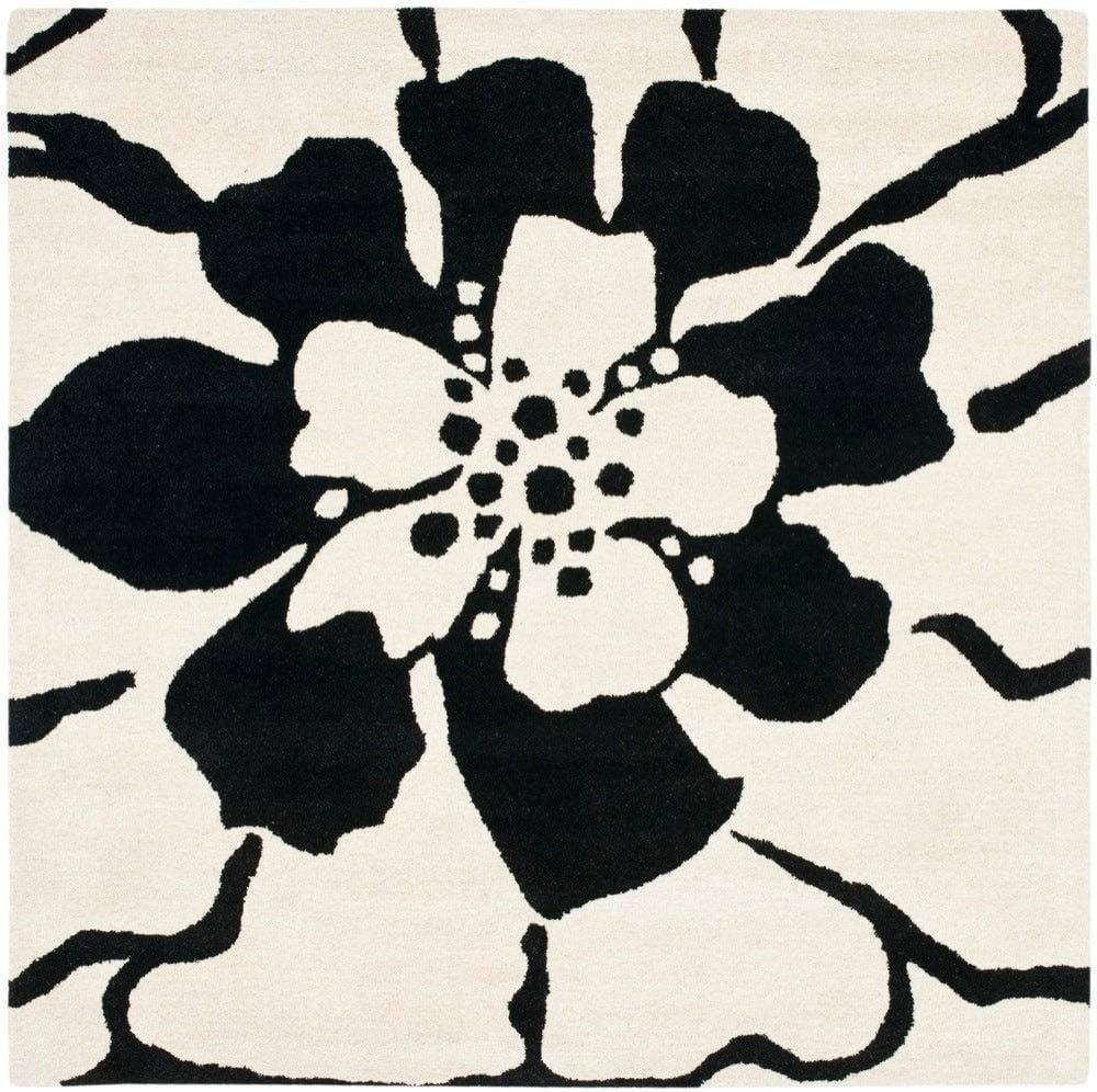 Black and White Floral Tufted Wool Square Rug, 6' x 6'