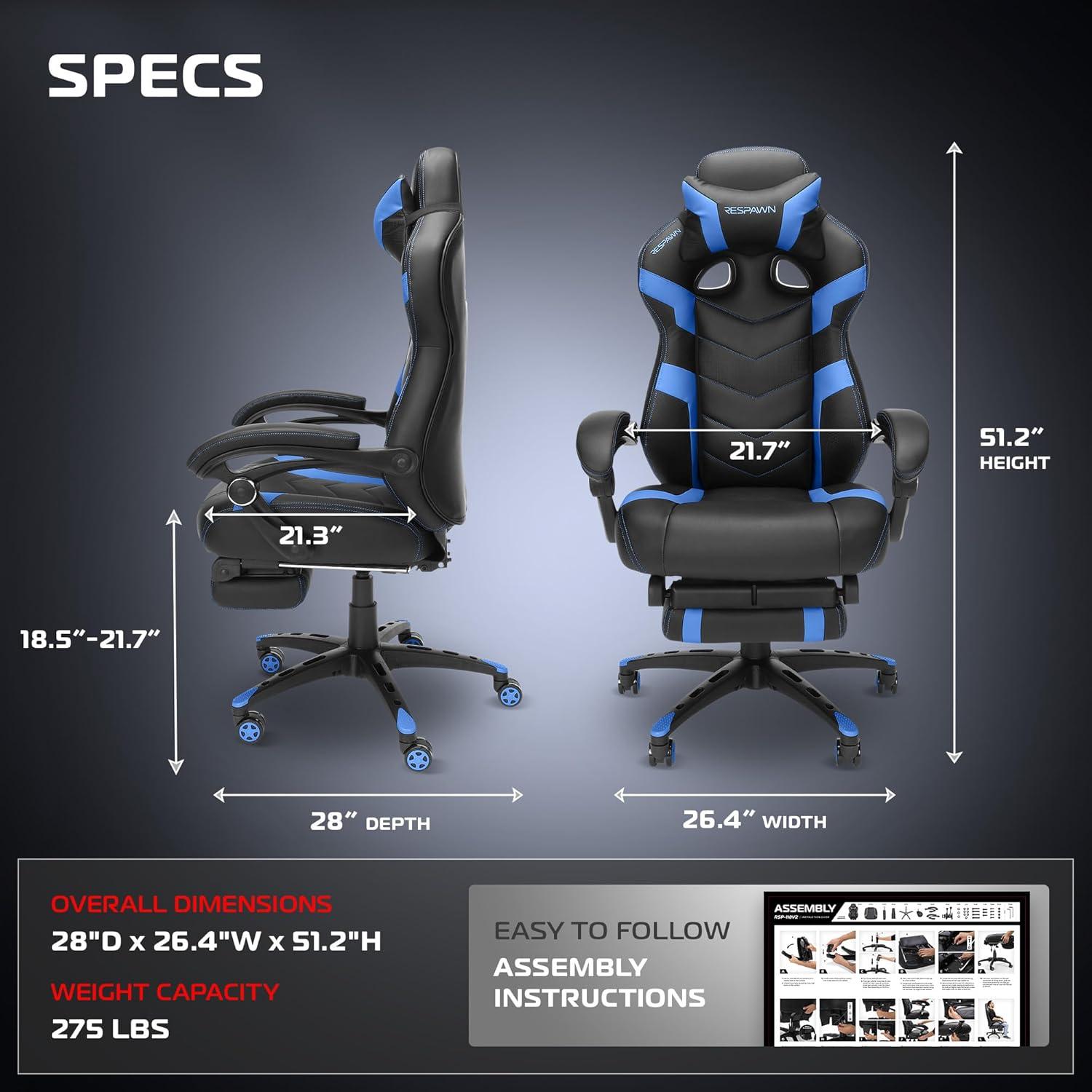 Respawn RESPAWN 110 Pro Gaming Chair - Gaming Chair with Footrest, Reclining Gaming Chair, Video Gaming Computer Desk Chair, Adjustable Desk Chair, Gaming Chairs For Adults With Headrest Pillow
