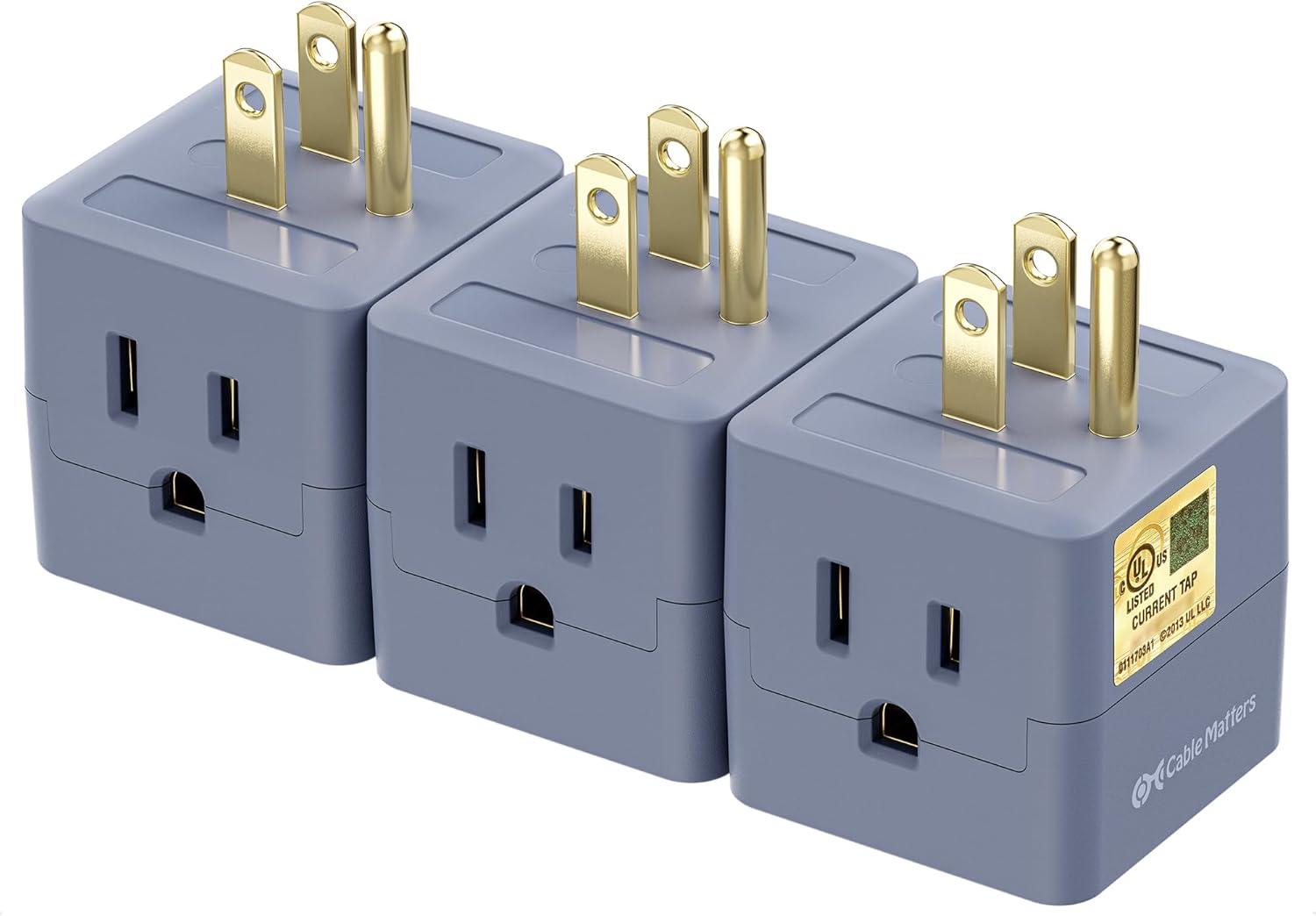 [UL Listed] Cable Matters 3-Pack 3 Outlet Wall Adapter (Grounded Cube Tap, Outlet Splitter, 3 Way Plug Adapter, 3-Prong Power Splitter), Black