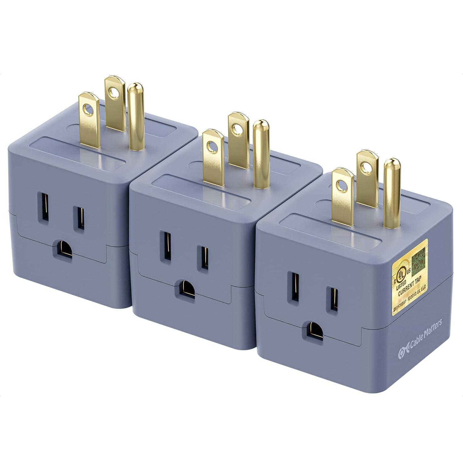 [UL Listed] Cable Matters 3-Pack 3 Outlet Wall Adapter (Grounded Cube Tap, Outlet Splitter, 3 Way Plug Adapter, 3-Prong Power Splitter), Black