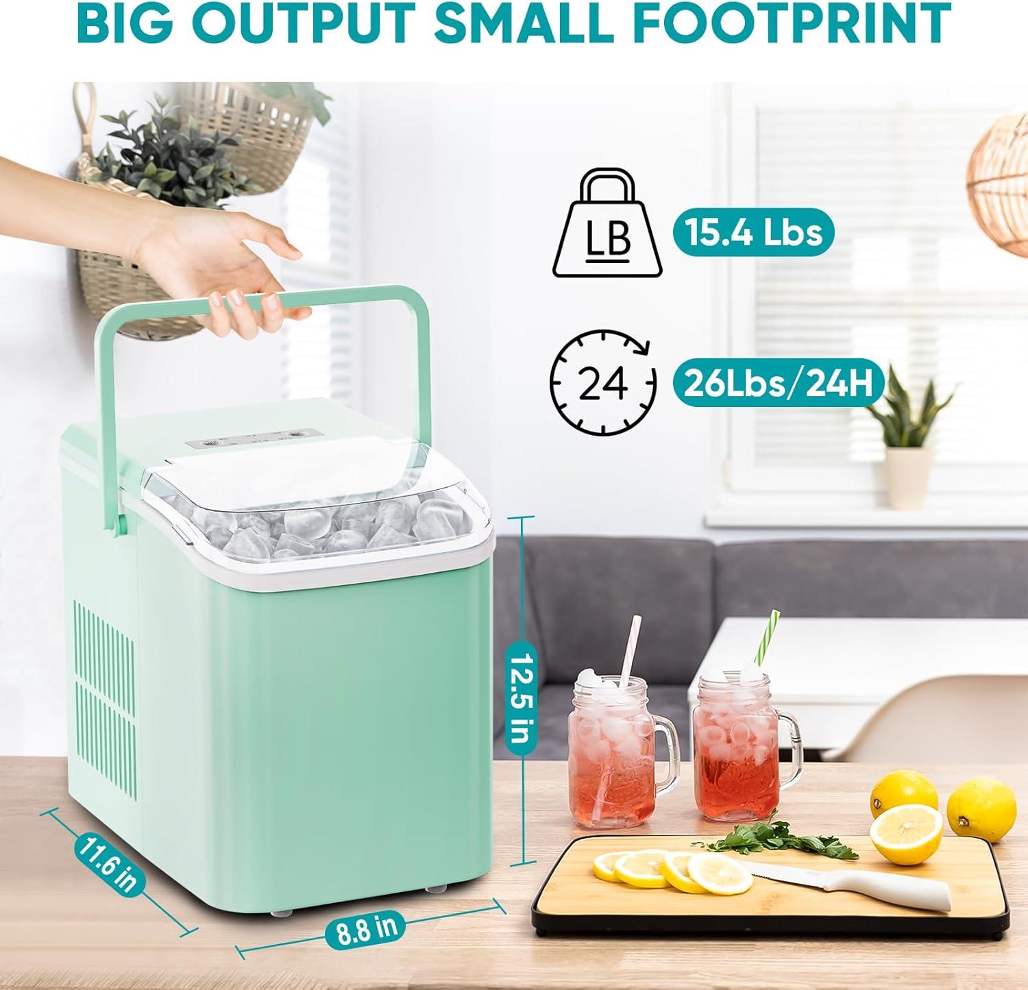 Ice Maker, Portable Countertop Icemaker Machine, Self Cleaning Quiet 2 Sizes Bullet Cubes Makers, 9 Cubes in 6 Mins, 26lbs/24Hrs with Ice Scoop, Basket for Home Kitchen Party,Green