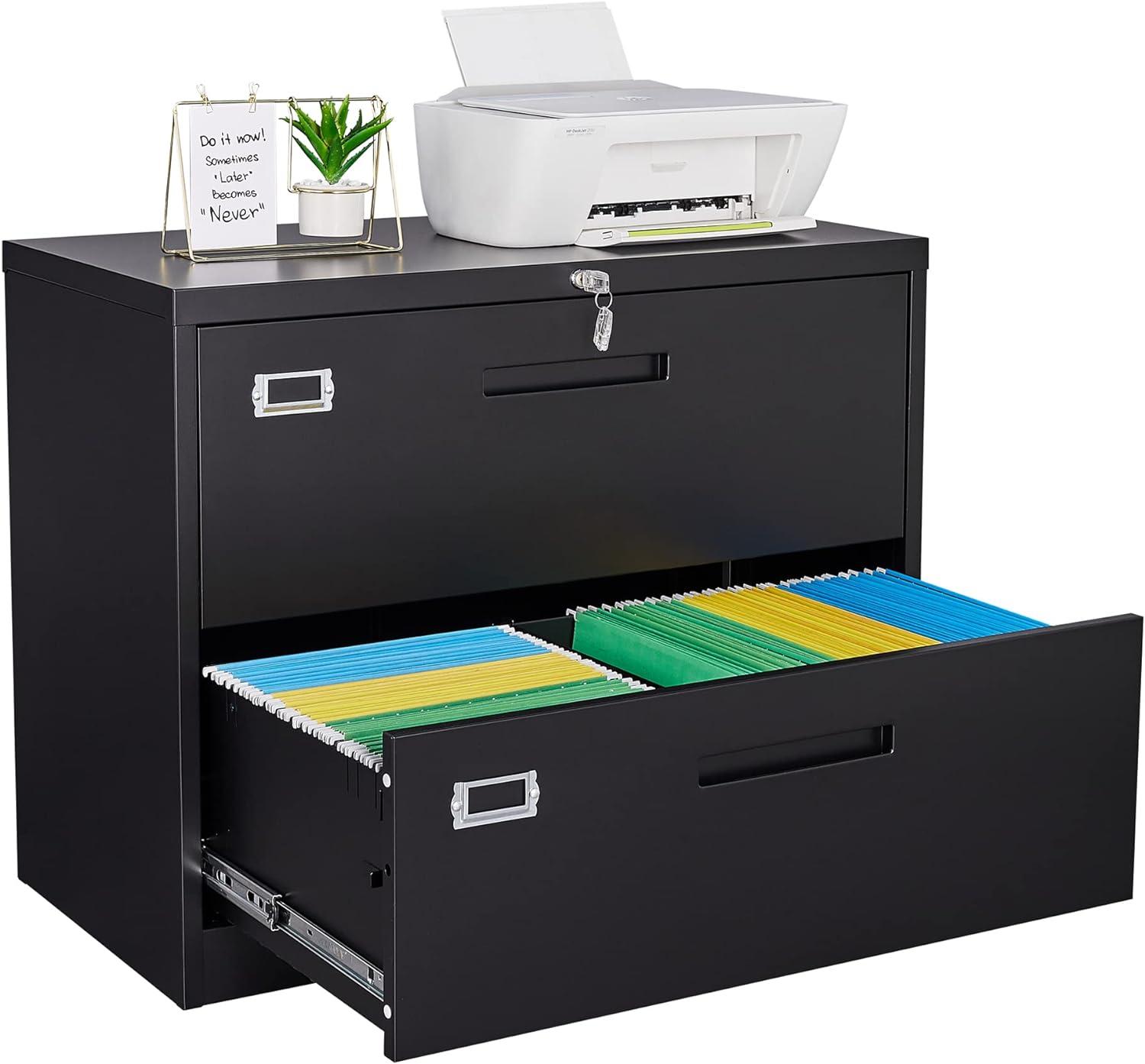 Black Metal 2-Drawer Lockable Lateral Filing Cabinet