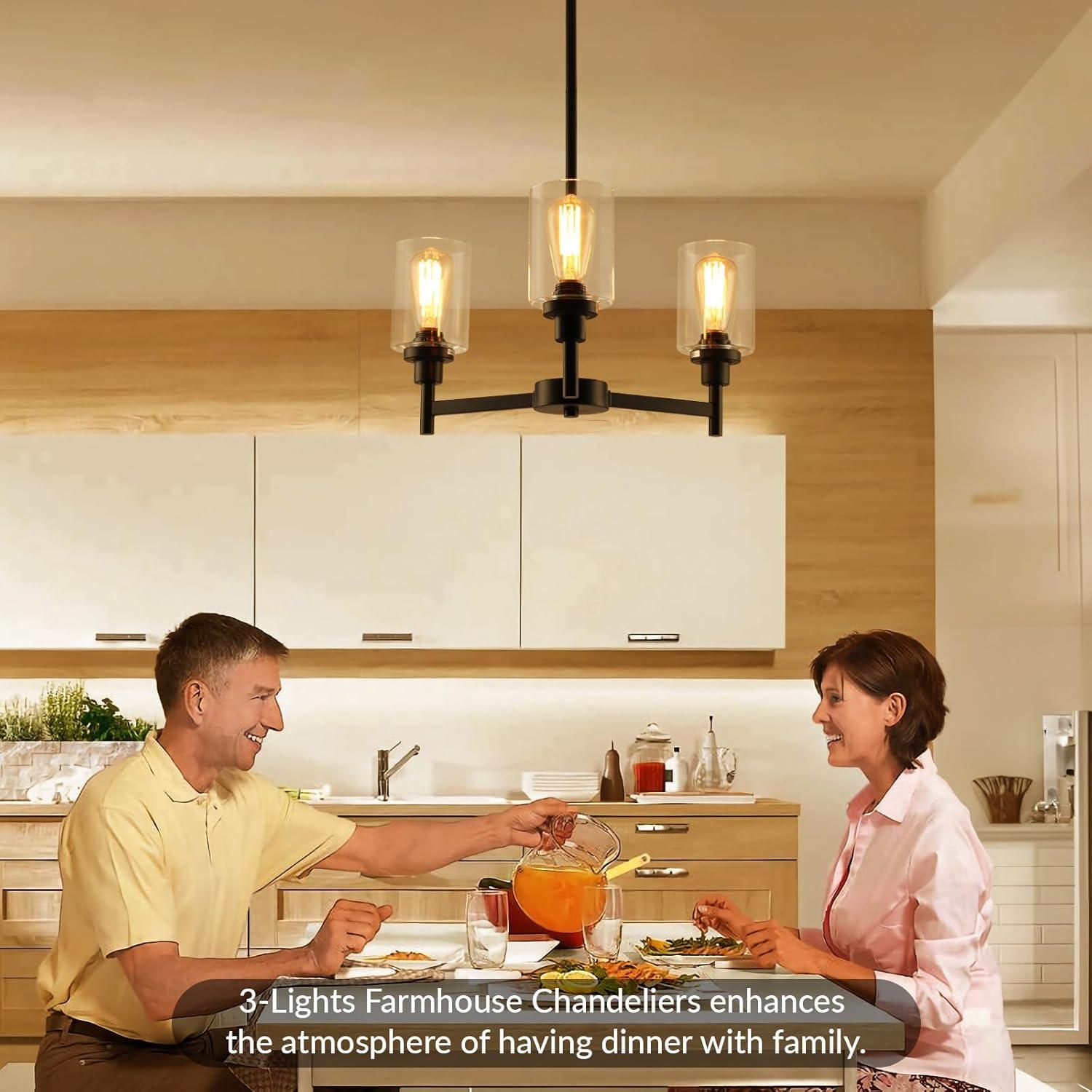 Black Chandelier for Dinning Room Living Room Island Kitchen Chandelier Light Fixtures Over Table, 3 Light Farmhouse Chandelier with Cylinder Clear Glass, Height Adjustable