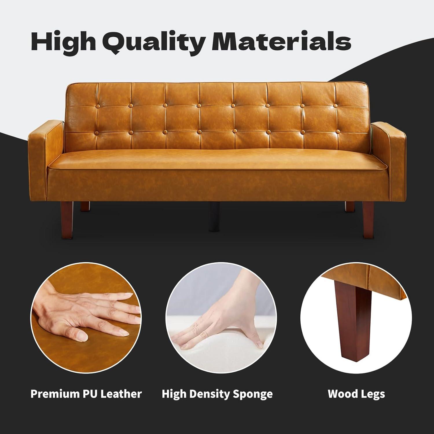 66" PU Leather Futon Sofa Bed, Adjustable Backrest Convertible Loveseat Sleeper Couch with Tapered Wood Legs for Small Space Living Room, Brown