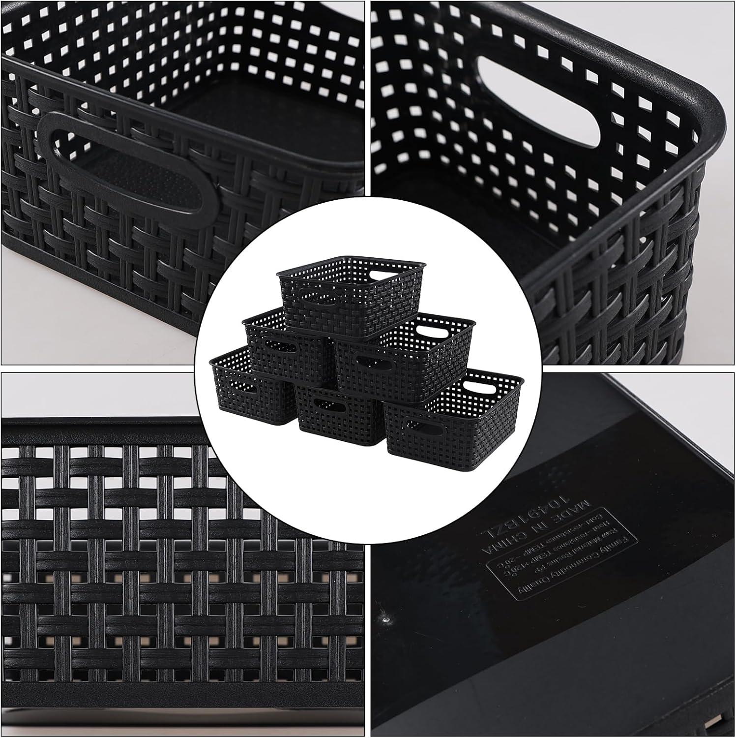 Black Rectangular Plastic Woven Storage Baskets, Set of 6