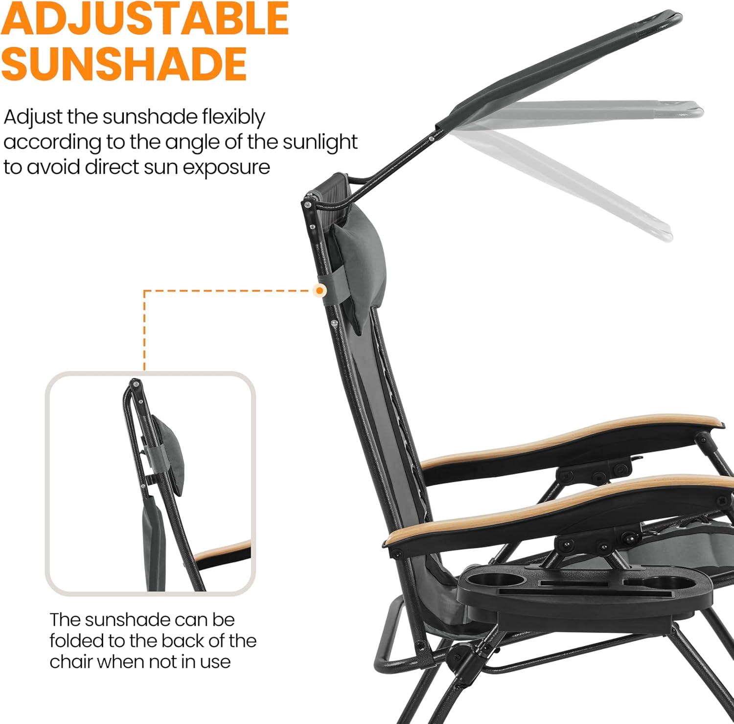 Yaheetech 29in Zero Gravity Chair, Adjustable Patio Padded Anti Gravity Recliner Foldable Outdoor Lounger with Cup Holder Tray, Canopy Shade and Headrest for Beach Camping Gray/Black/1
