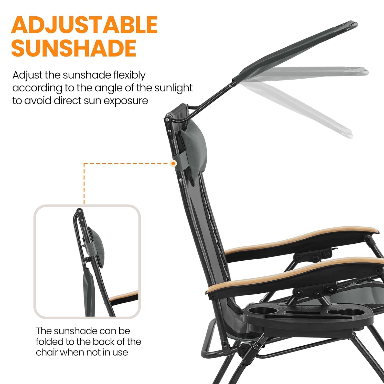 Yaheetech 29in Zero Gravity Chair, Adjustable Patio Padded Anti Gravity Recliner Foldable Outdoor Lounger with Cup Holder Tray, Canopy Shade and Headrest for Beach Camping Gray/Black/1