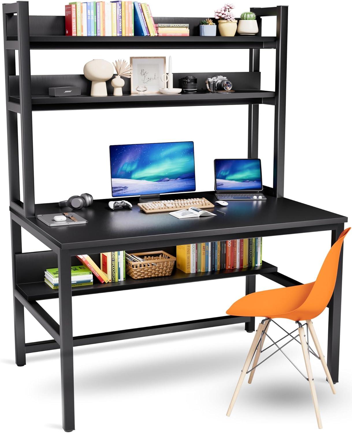 Black Engineered Wood Computer Desk with Hutch and Shelves