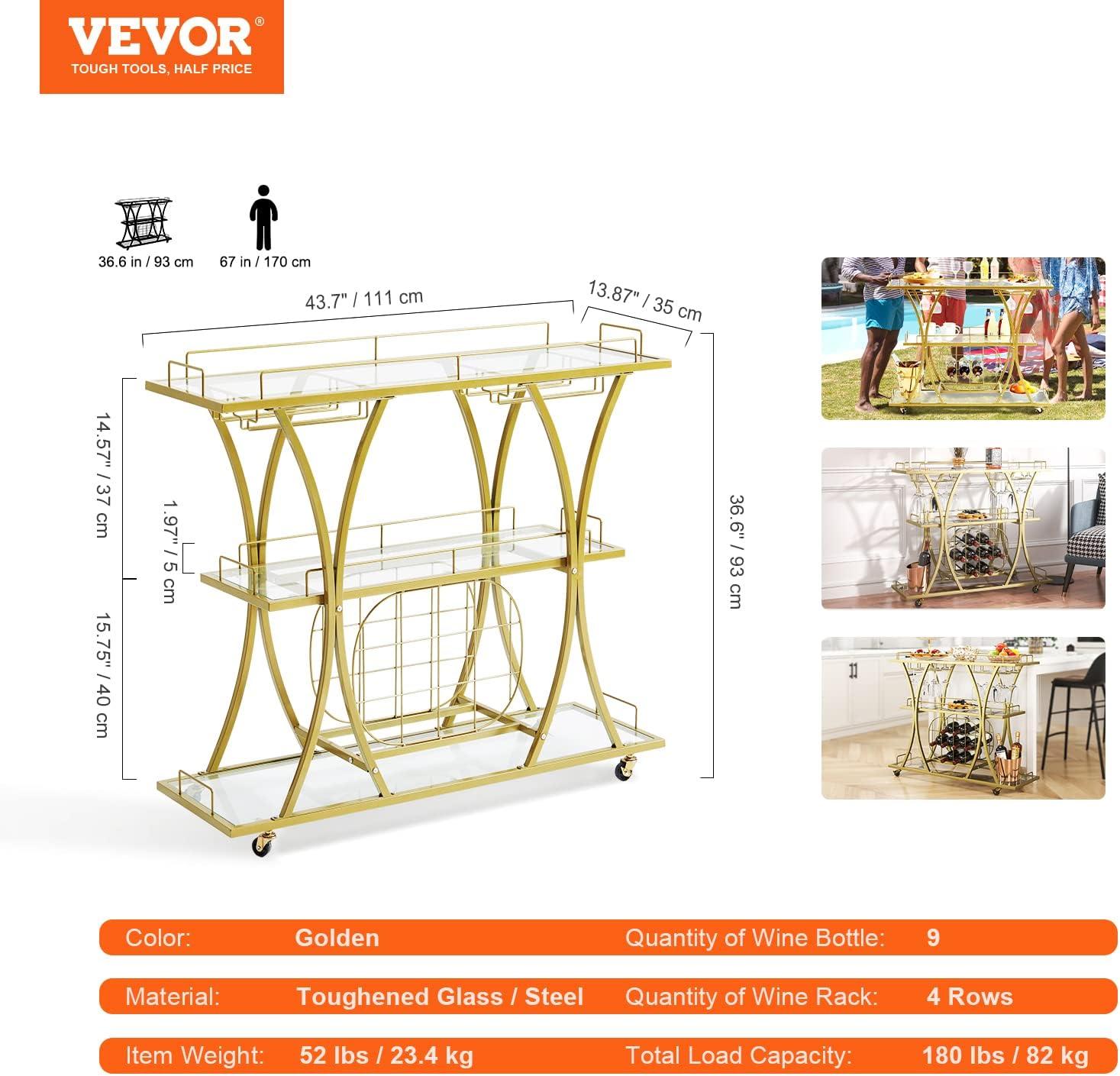 VEVOR Bar Cart Gold 3 Tiers Home Bar Serving Cart on Lockable Wheels with Tempered Glass Shelves Guardrail Wine Rack