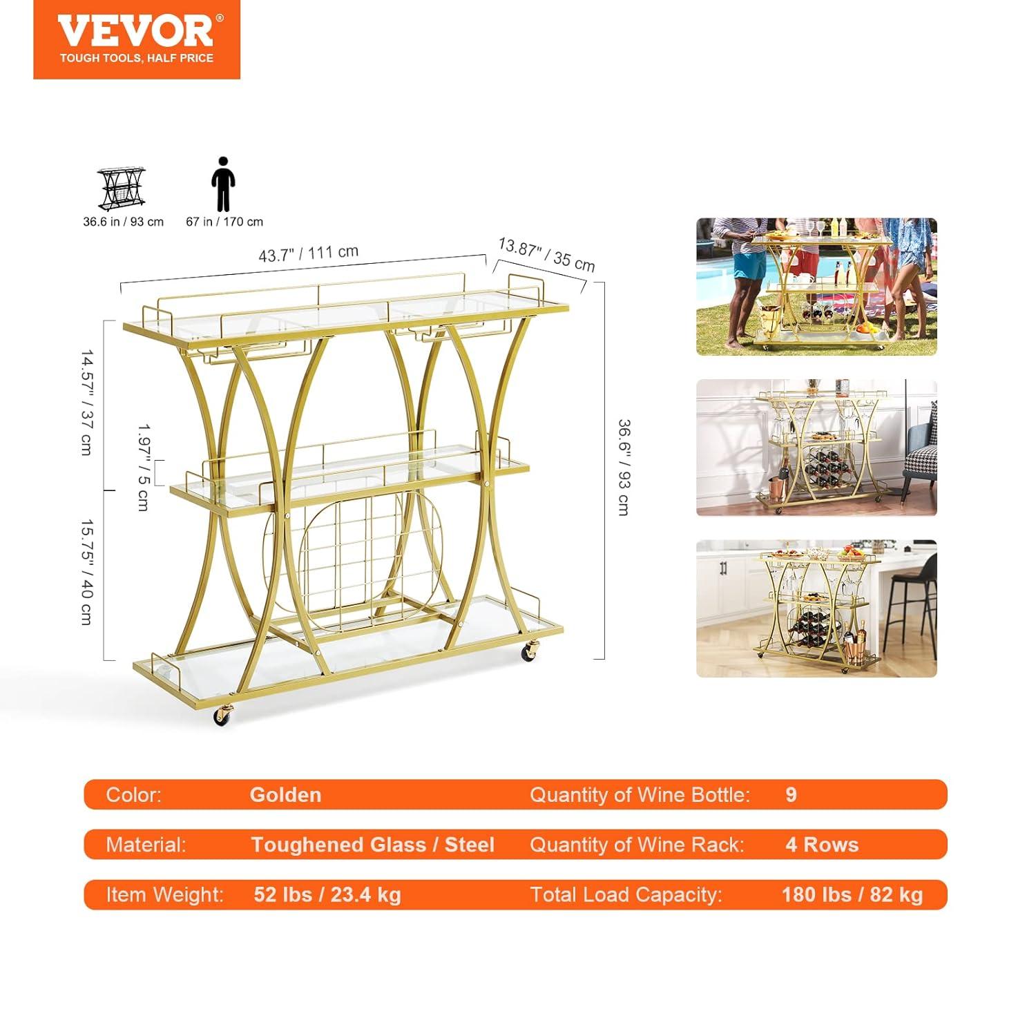 VEVOR Bar Cart Gold 3 Tiers Home Bar Serving Cart on Lockable Wheels with Tempered Glass Shelves Guardrail Wine Rack