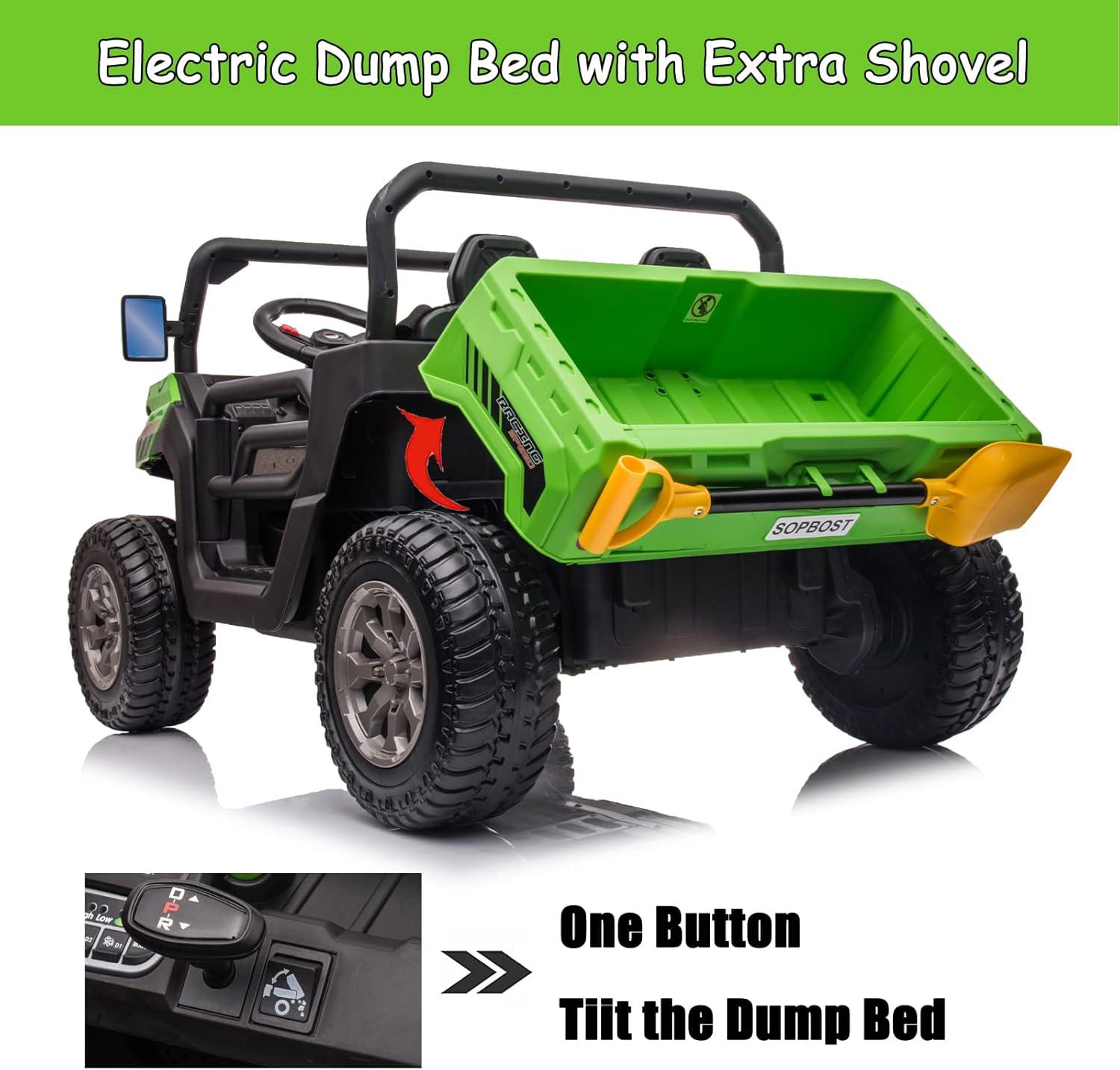 24V Ride on UTV Car, 2 Seater Kids Electric Powered Ride on Toys Dump Truck with Trailer Remote Control, Green