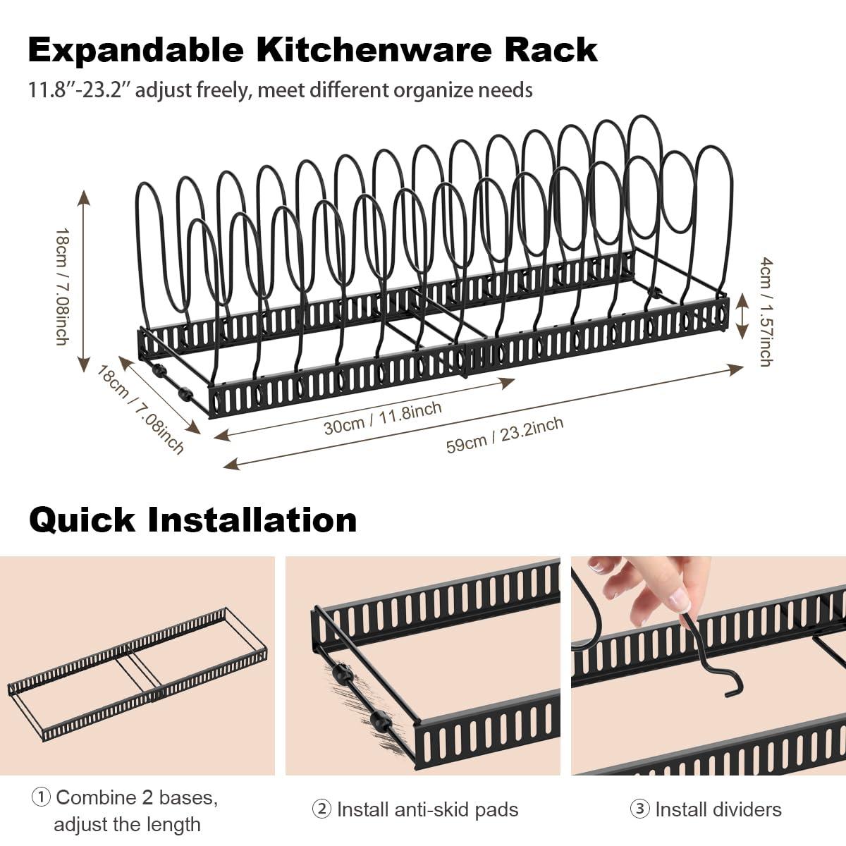Pot and Pan Organizer Rack for Cabinet, Expandable Pot Lid Organizer Holder with 14 Adjustable Dividers, Fully Expanded Size 22.83" W x 7.09" D x 7.09" H, Black