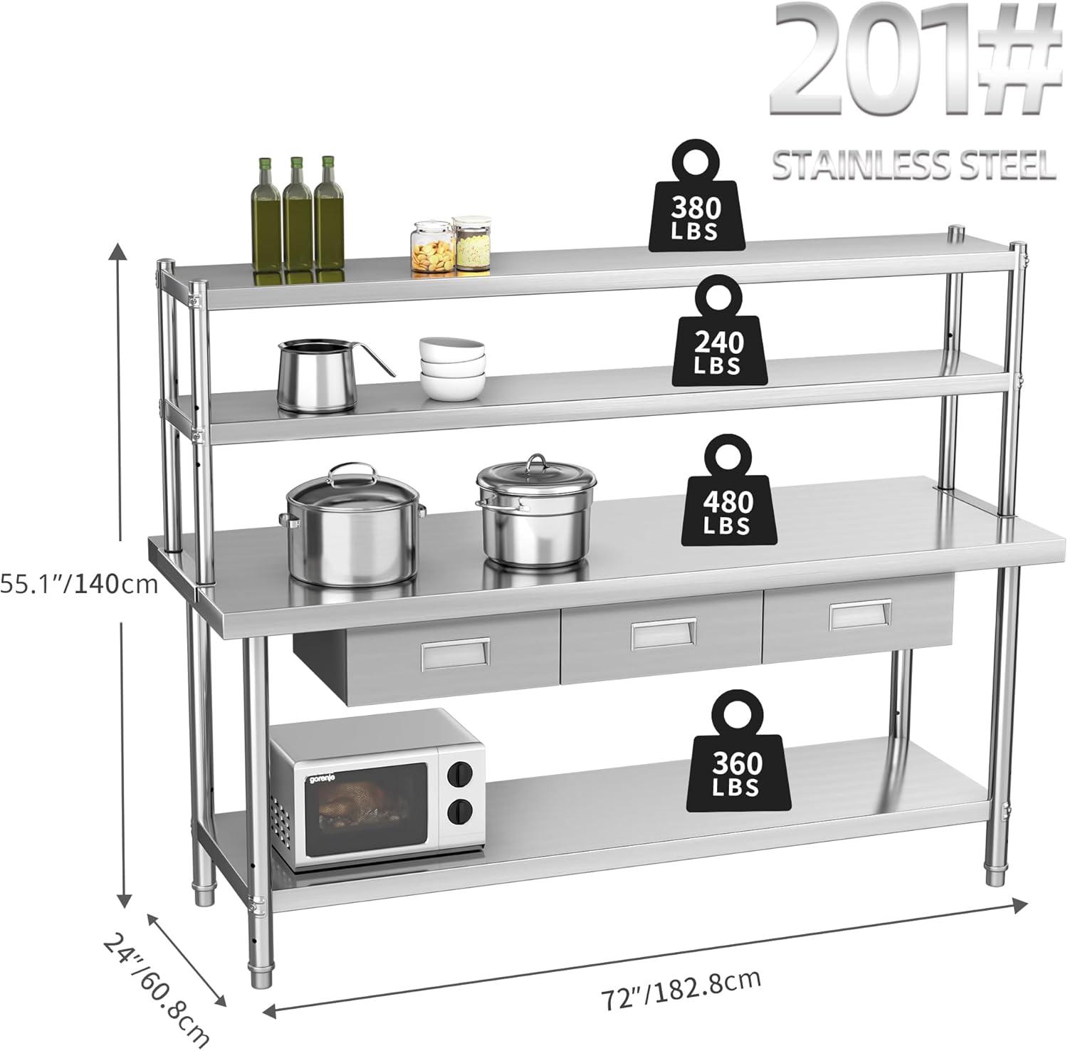 Dextrus 72" X 24" Stainless Steel Table with 3 Drawers, Work Table with Drawer