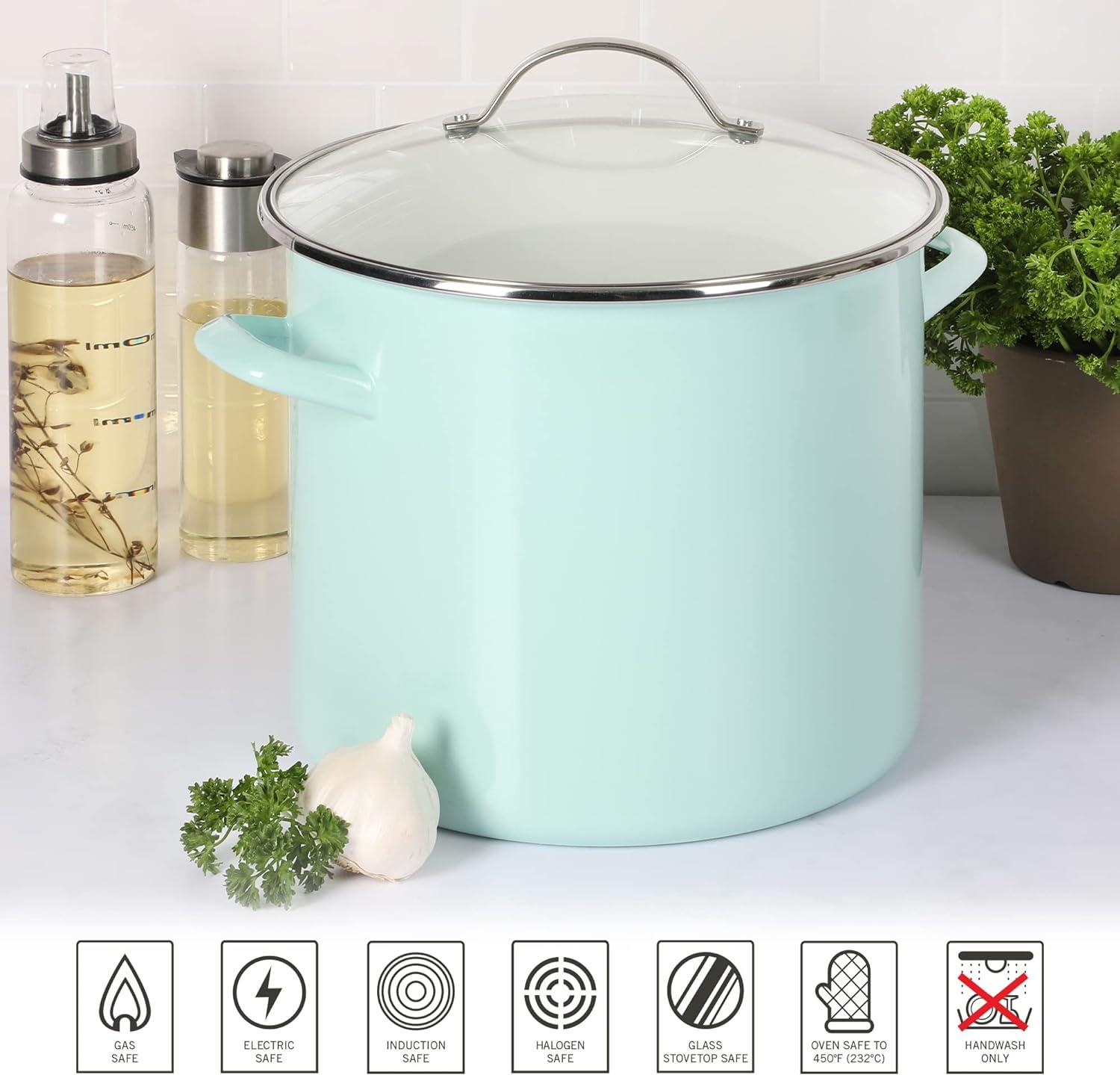 Blue 12qt Enameled Steel Stock Pot with Basket Insert