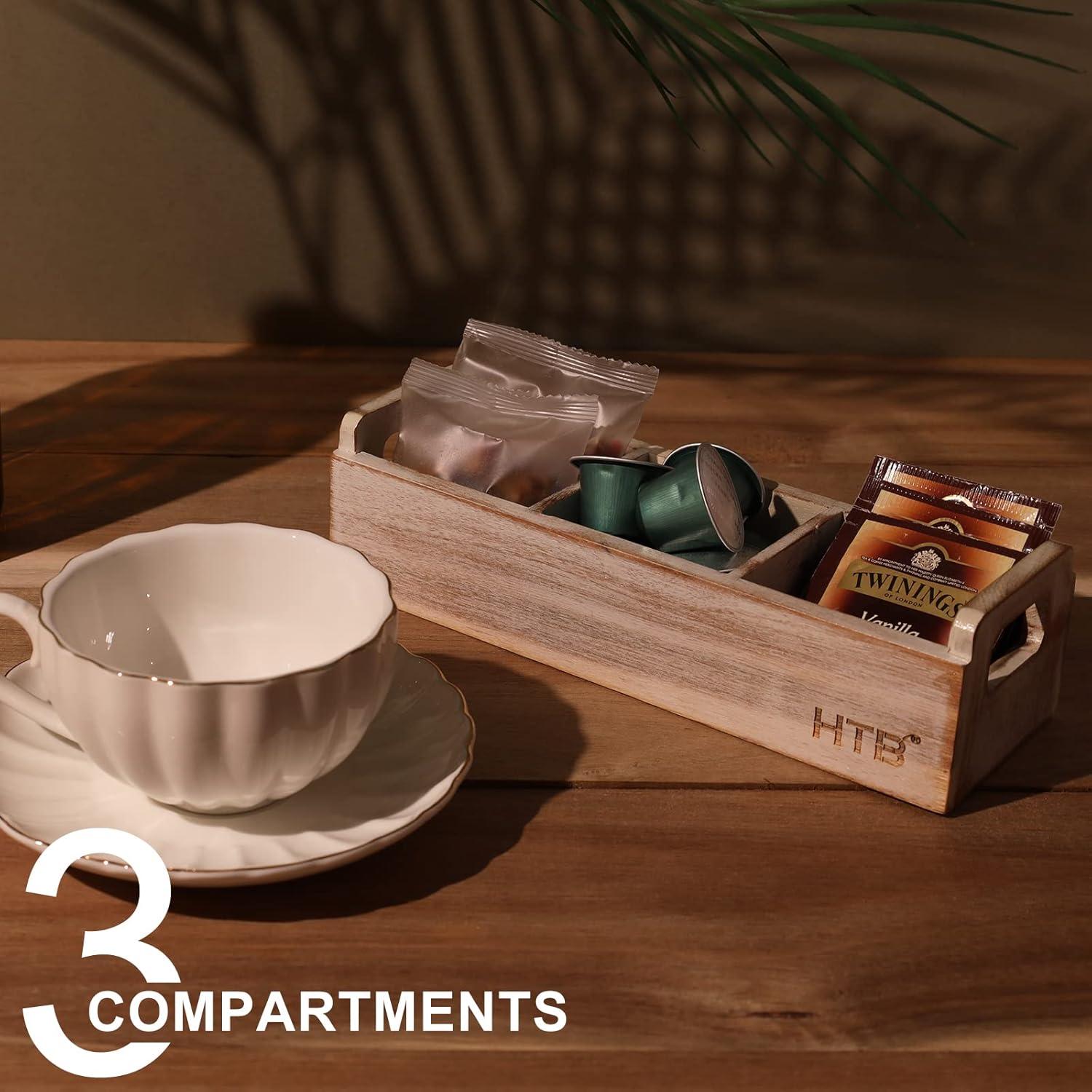 HTB Small Tea Bag Holder Pack of 2, Bamboo Tea Organizer 3 Compartments for Beverage Suppliers, Sweeteners, Individual Packets, Portable Tea Bag Organizer for Home Kitchen Counter or Office