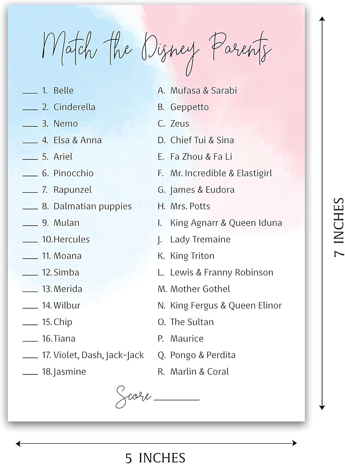 GENDER NEUTRAL Baby Shower Game — DISNEY PARENT MATCH Game — Pack of 25 — PURPLE Elephant Baby Shower Game, Match Famous Disney Parents Fun Shower Activity, Disney Star Kids Match Game, SKU G752-DPM