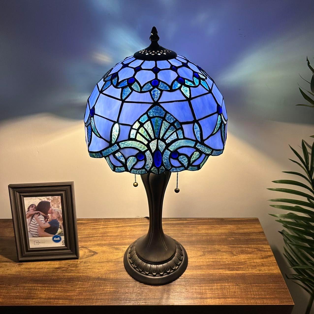 Tiffany Table Lamp Blue Stained Glass Baroque Style Lavender LED Bulbs Included for Living Room Dining Room Bedroom 12"W*12"D*22"H