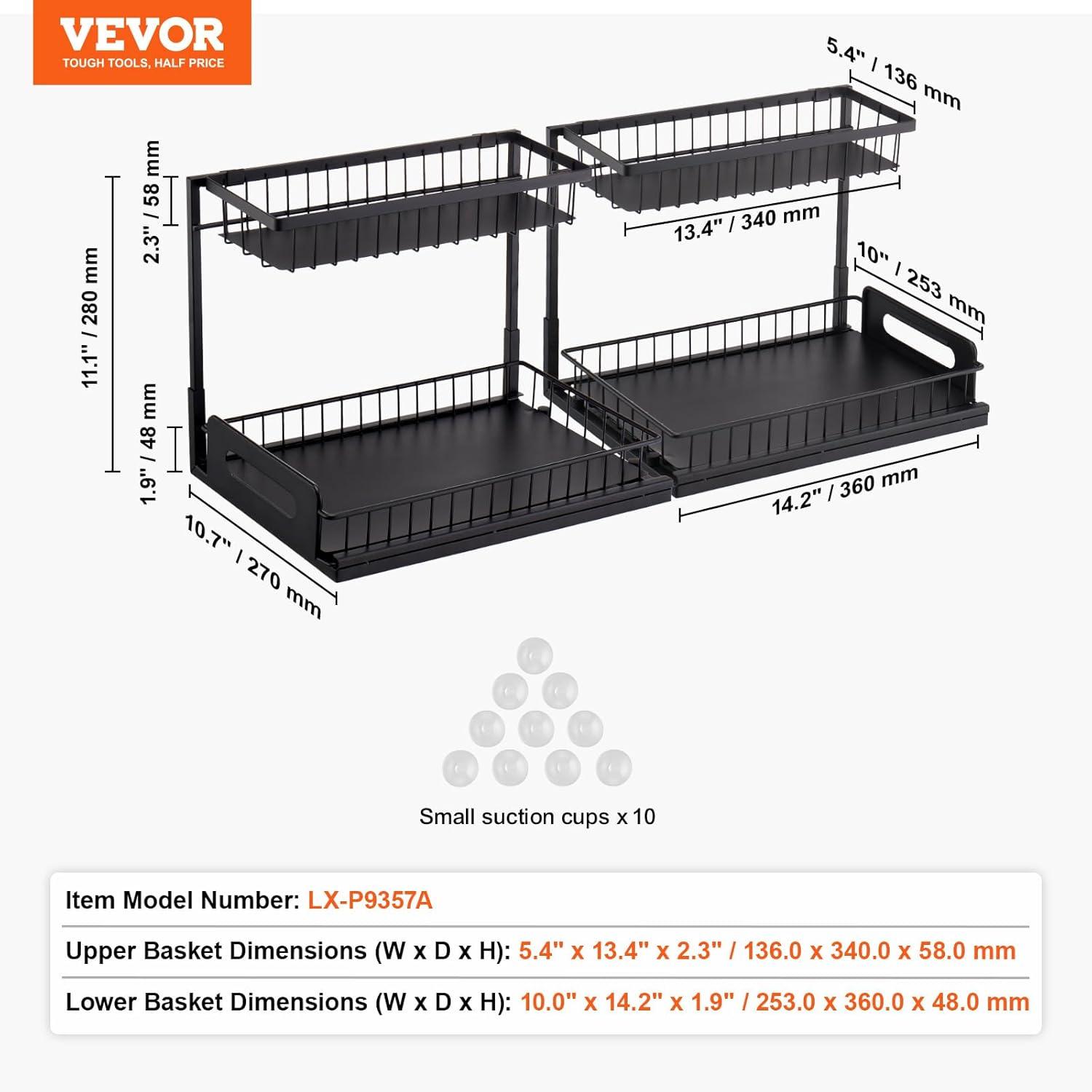VEVOR 2 Tier Pull Out Cabinet Organizer(10.7"W x 14.2"D ), Under Sink Organizer and Storage, Slide Out Drawer Cabinet Organizer, Wire Basket Sliding Shelf for Kitchen Bathroom Cabinet, Black (2 Pack)
