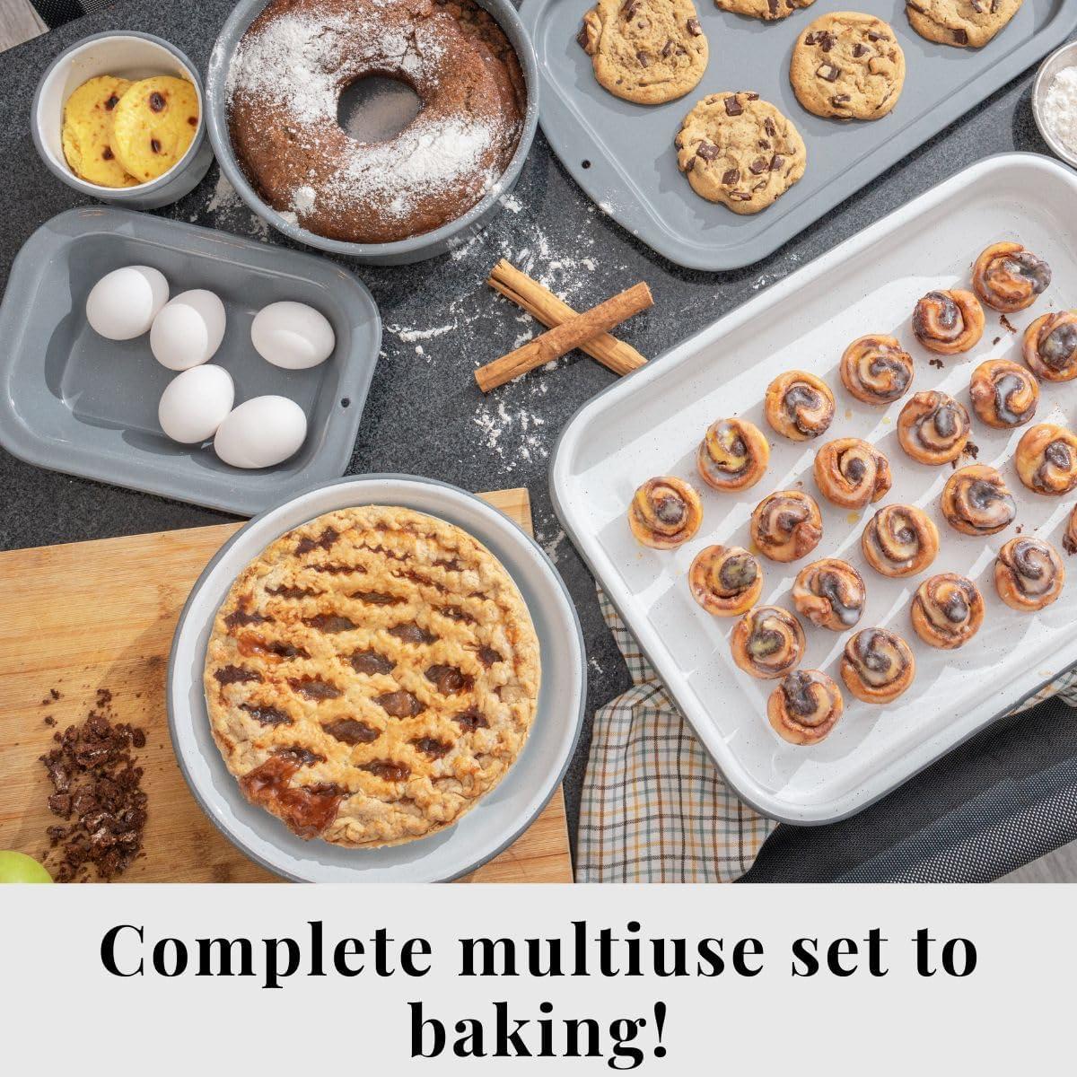 Granite Ware 8 piece Healthy Bakeware Set. Unique colors! Enameled steel baking sheets and pans. Oven and camping friendy. PTFE Free.