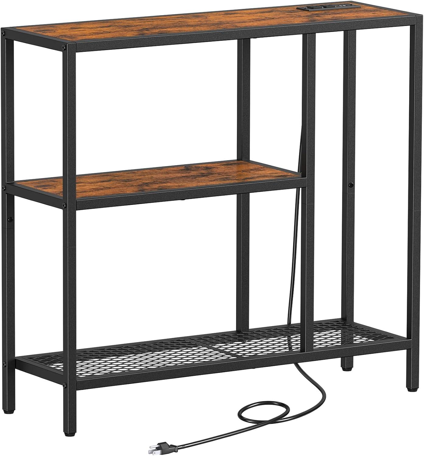 Rustic Brown Metal Frame L-Shaped Console Table with Storage