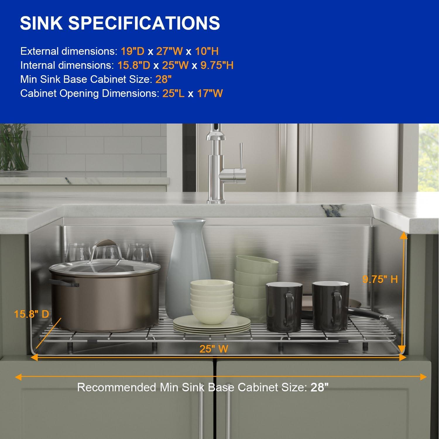 Dcolora 27 Inch Undermount Kitchen Sink Workstation 16 Gauge 304 Stainless Steel Large Single Bowl Under Counter Sinks, Round Corner 27"x19"x10", DC-U7703